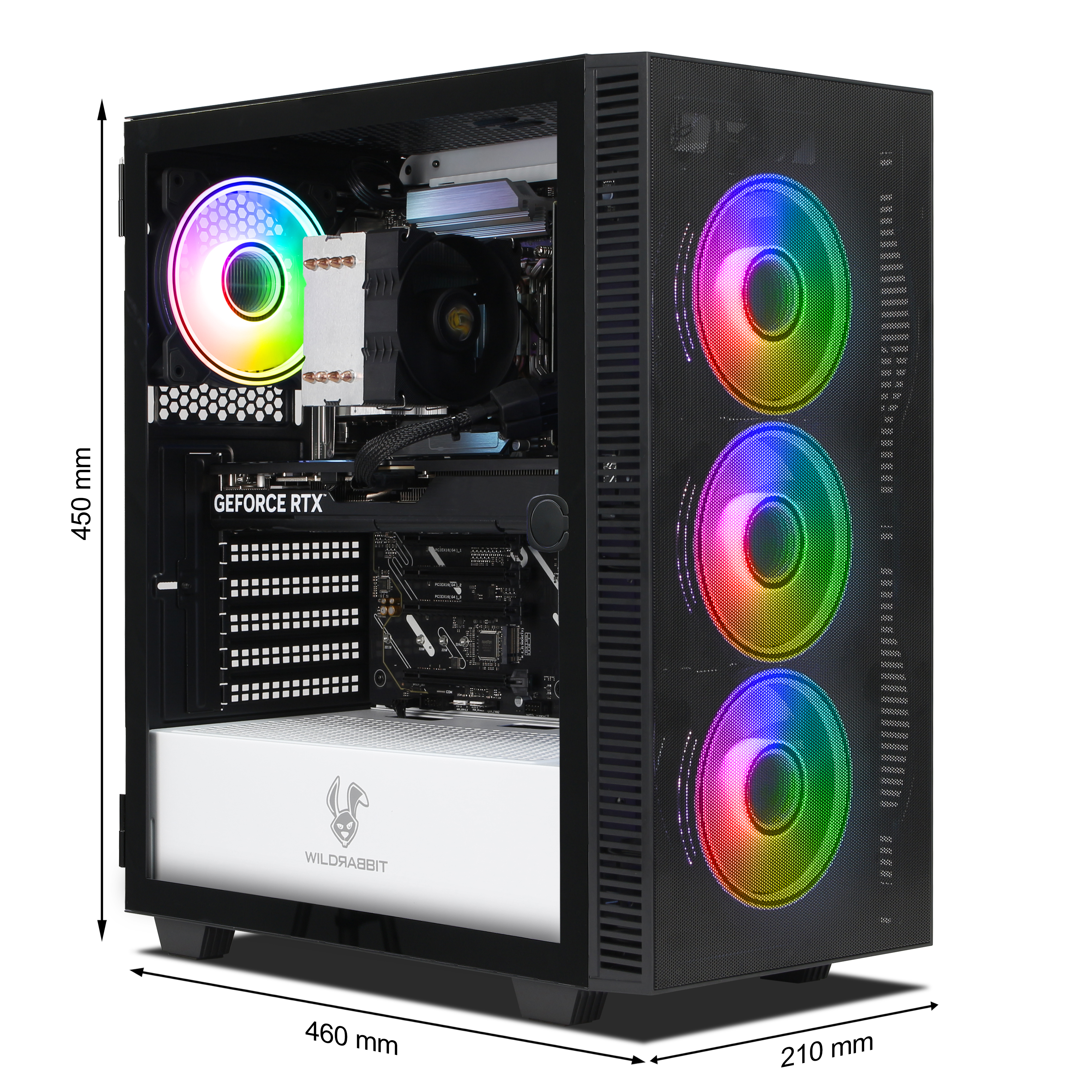 Un case PC nero aperto con ventole RGB e componenti interni.