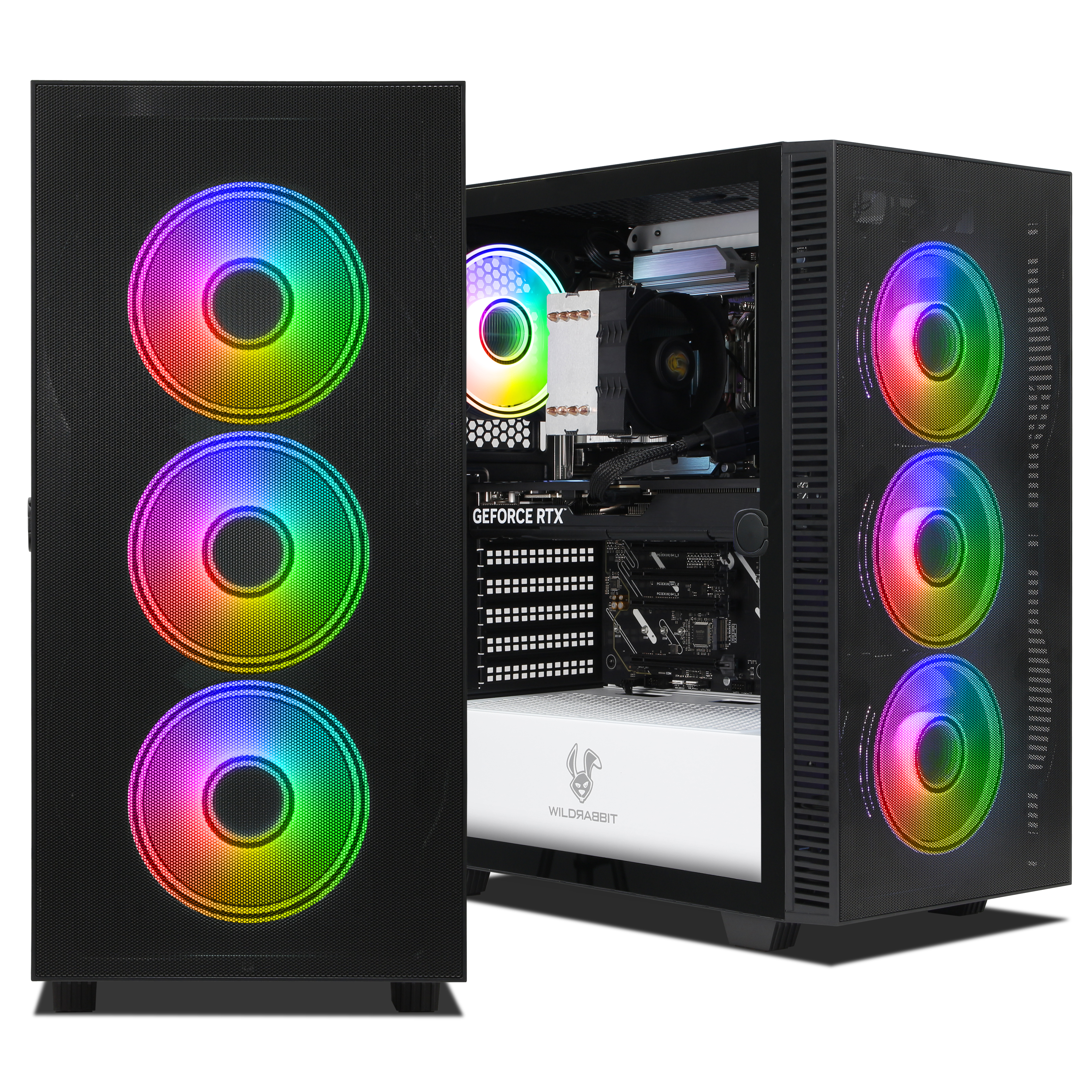 Un case per PC nero con ventole RGB e componenti interni visibili.