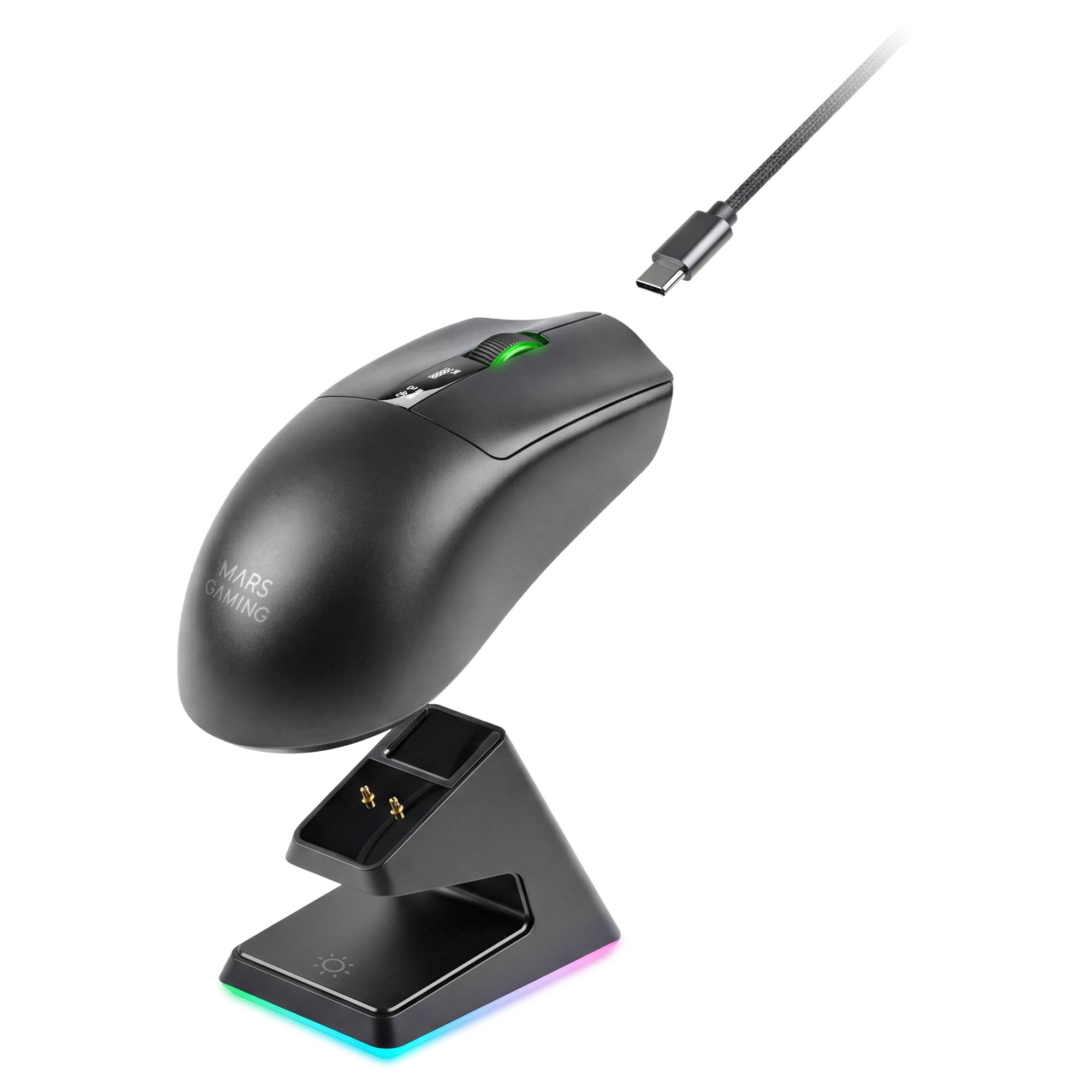 Mouse da gaming nero con base di ricarica, cavo USB-C e illuminazione RGB.