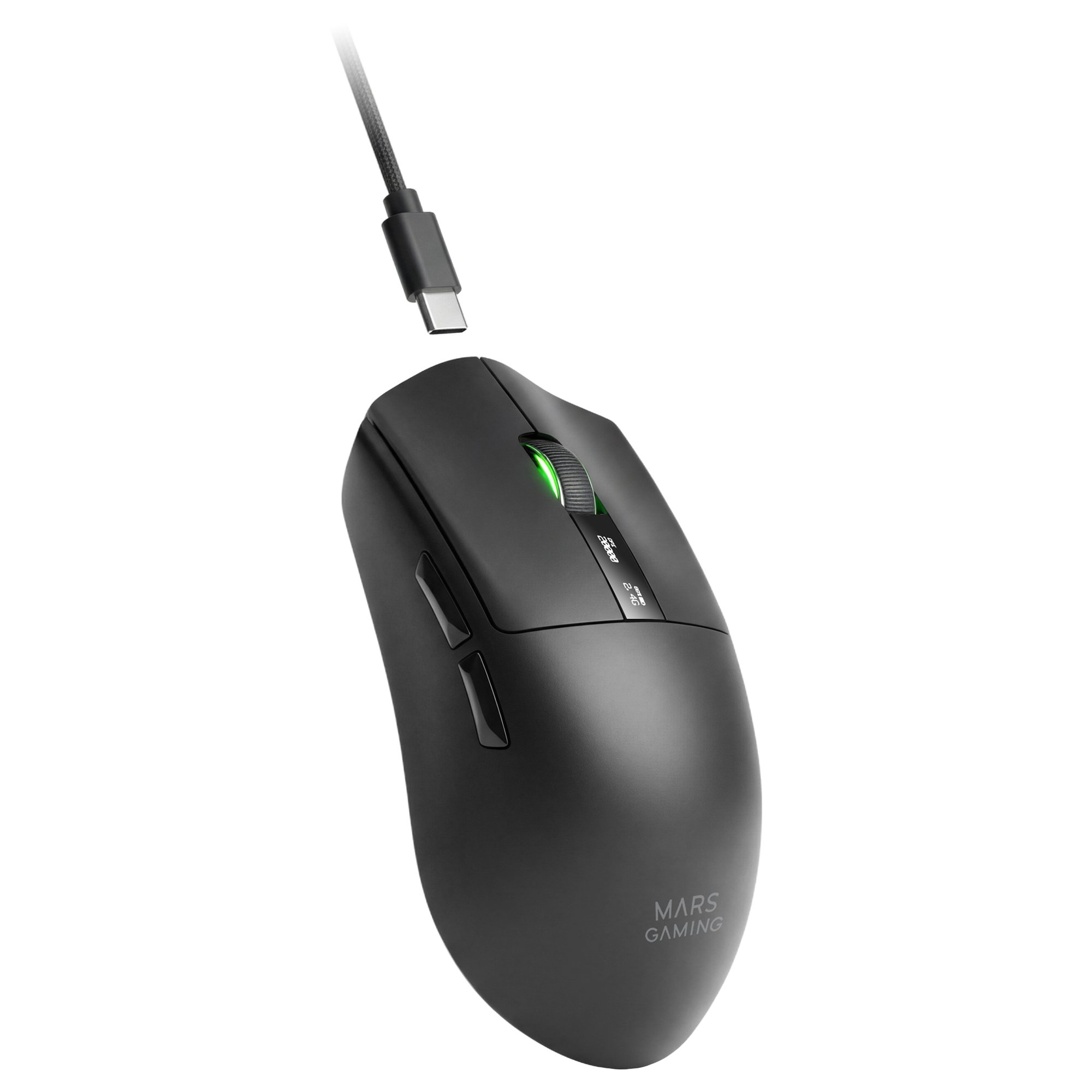 Mouse gaming nero con rotella illuminata e cavo USB-C.