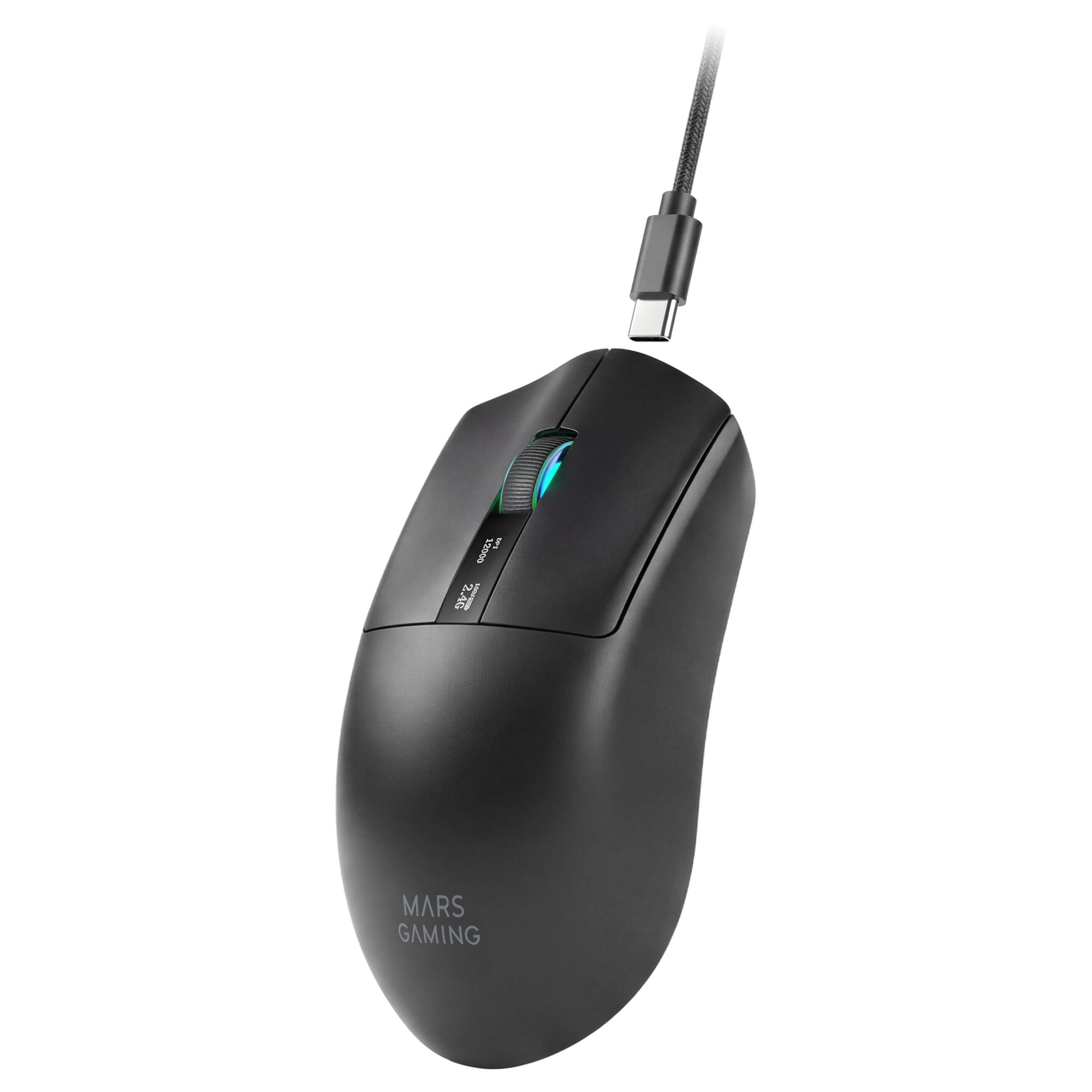 Mouse gaming nero con rotellina illuminata e cavo USB-C.