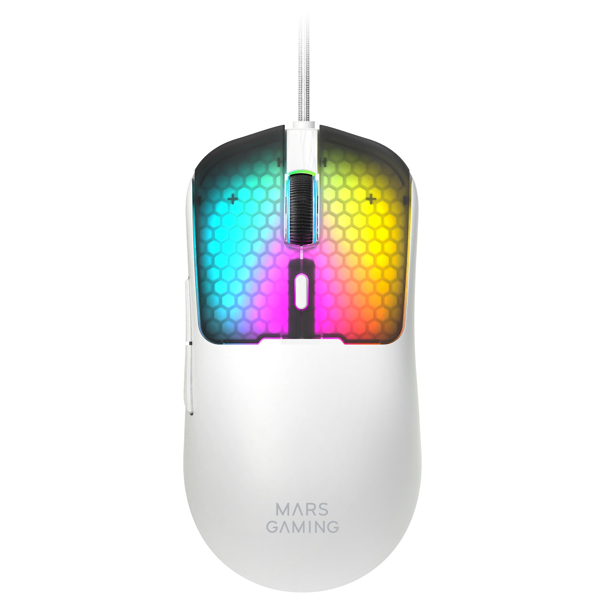 Un ratón gamer blanco con patrón de panal e iluminación RGB arcoíris.