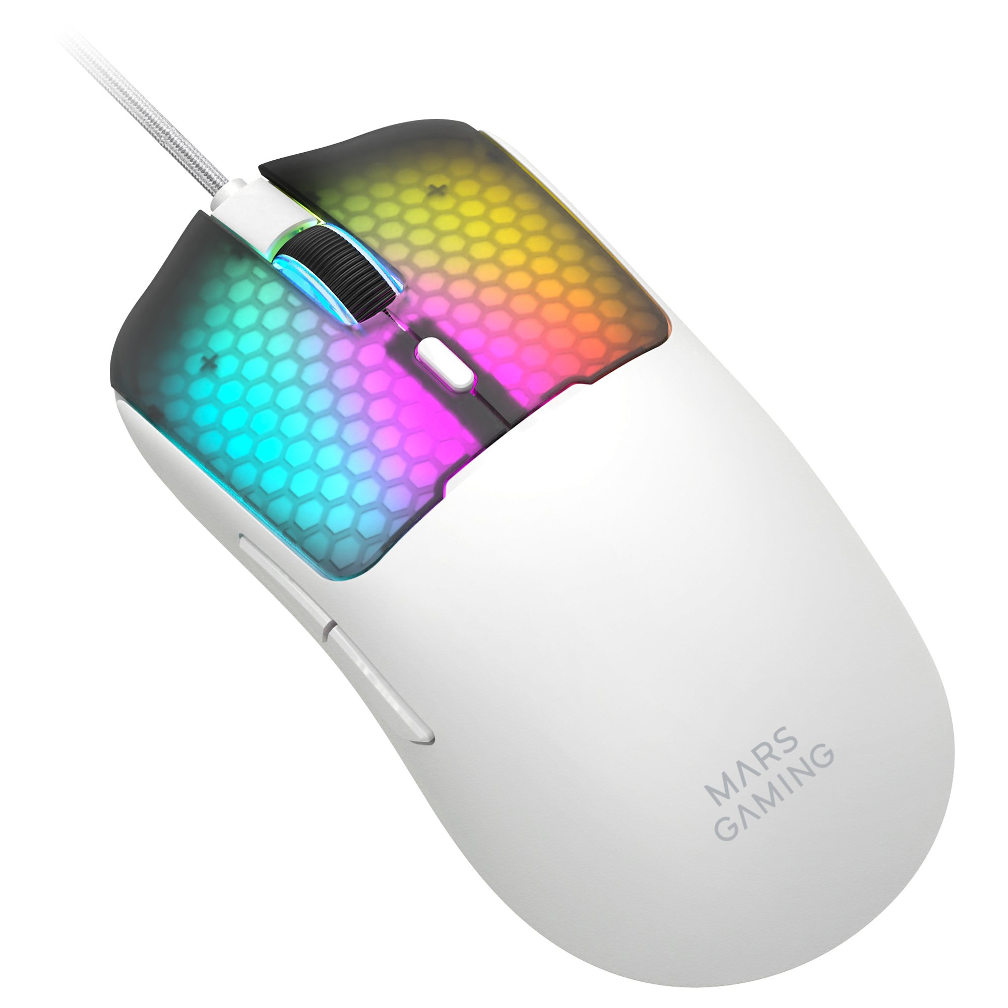 Un ratón blanco para juegos con iluminación RGB y patrón de panal.
