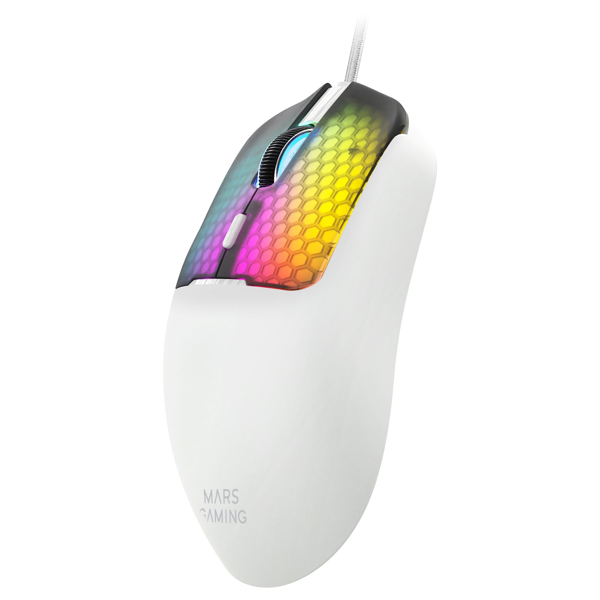Ratón blanco para juegos con diseño de panal iluminado y rueda.