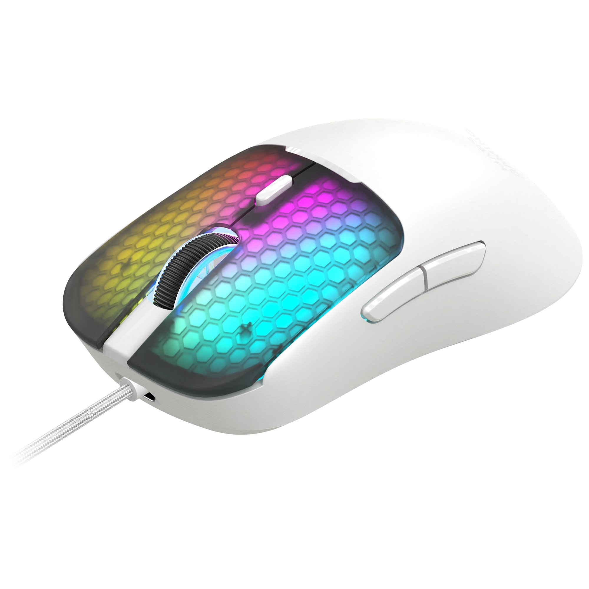 Un ratón blanco para juegos con iluminación RGB y patrón de panal.