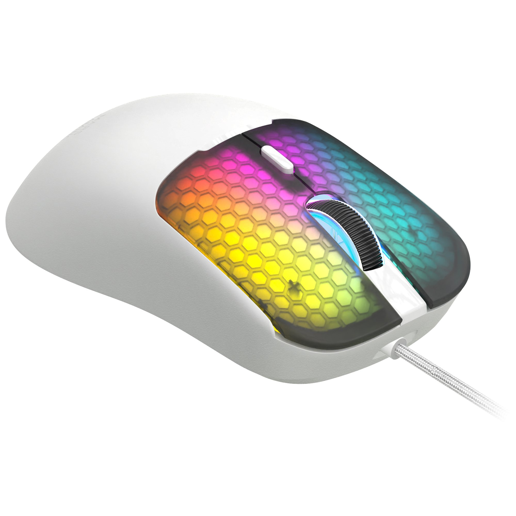 Un ratón de ordenador blanco con un diseño de luz multicolor con patrón de panal.
