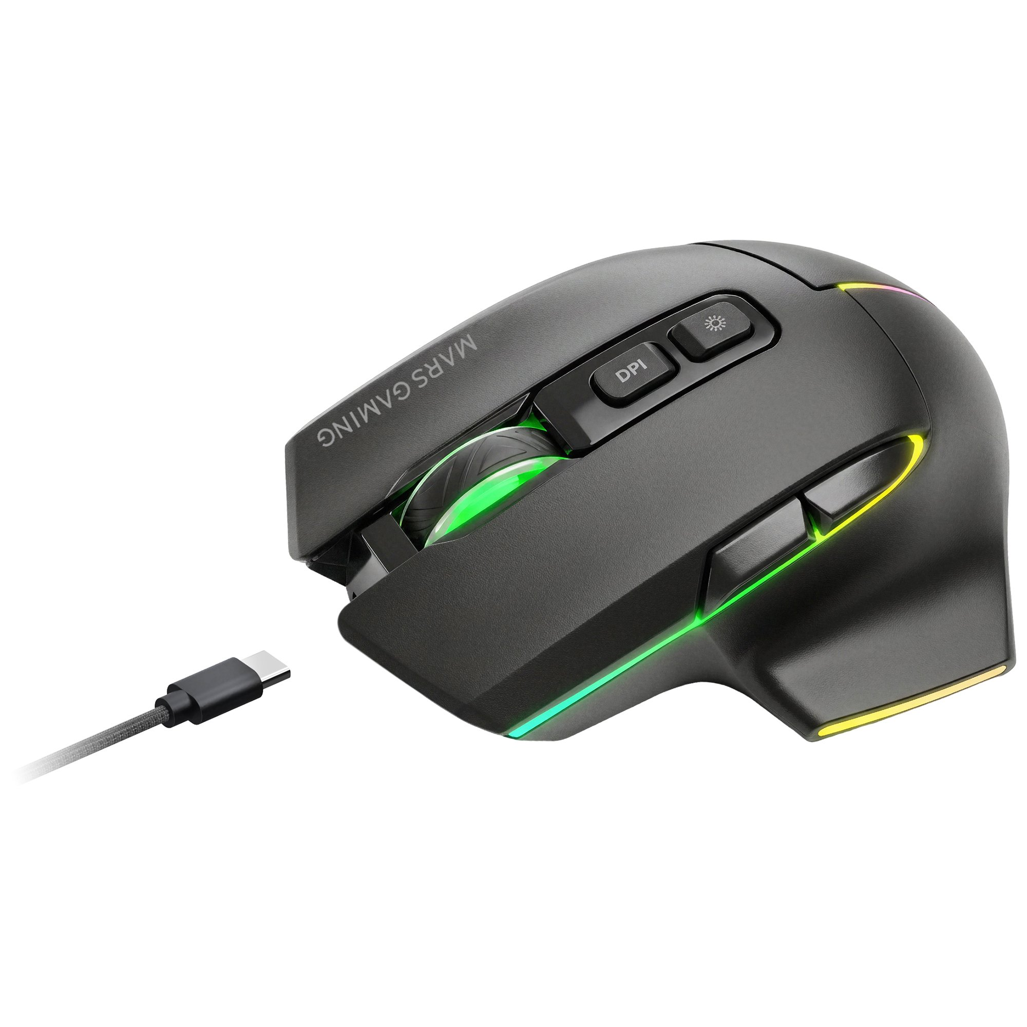 Un mouse da gaming nero con illuminazione RGB e cavo USB-C.