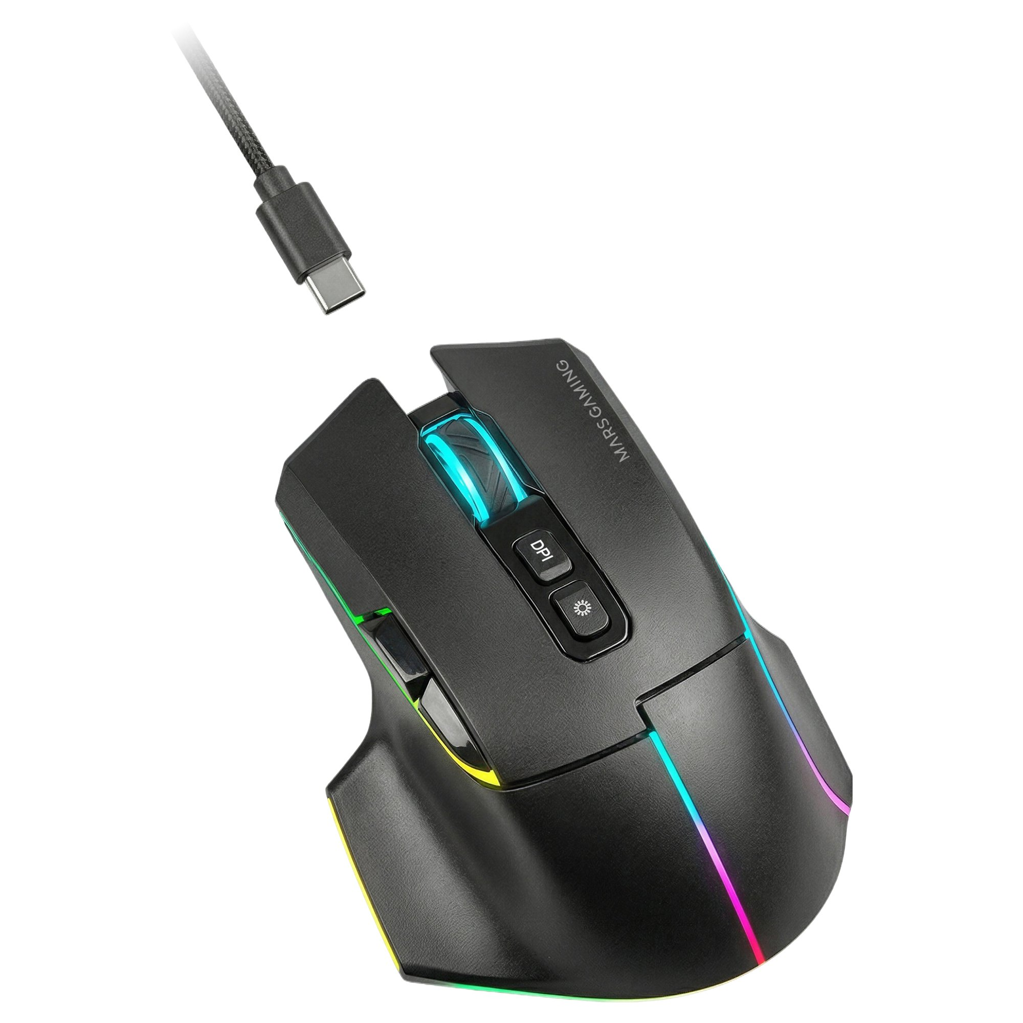 Mouse gaming nero con illuminazione RGB e cavo USB-C su sfondo bianco.