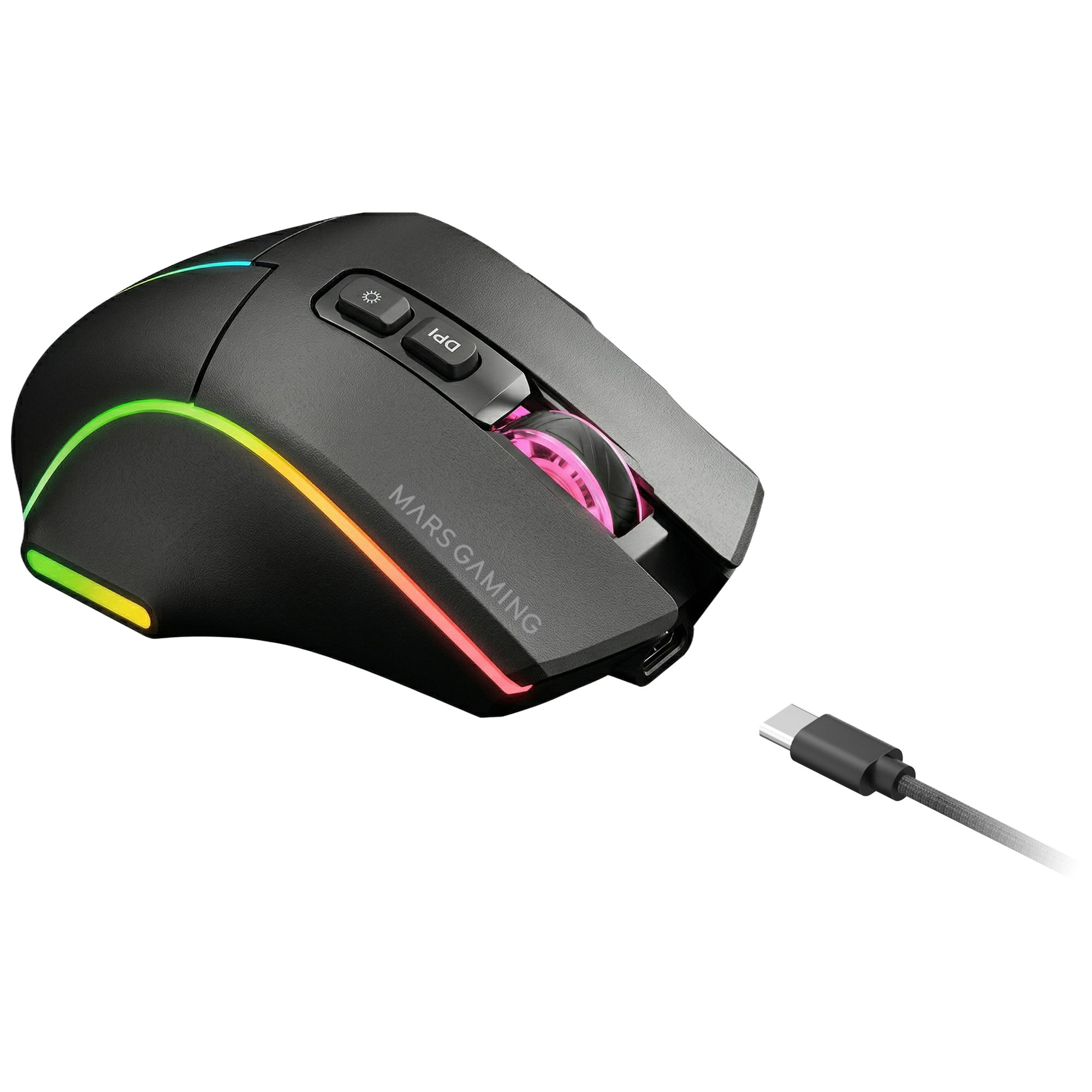 Mouse gaming nero con illuminazione RGB e cavo USB-C.