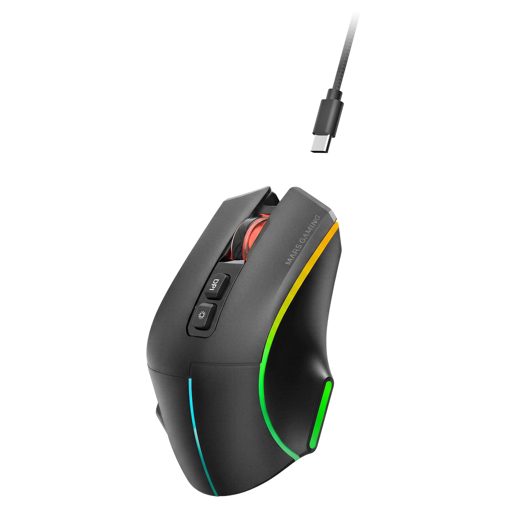 Mouse da gaming nero con illuminazione RGB e cavo USB-C.