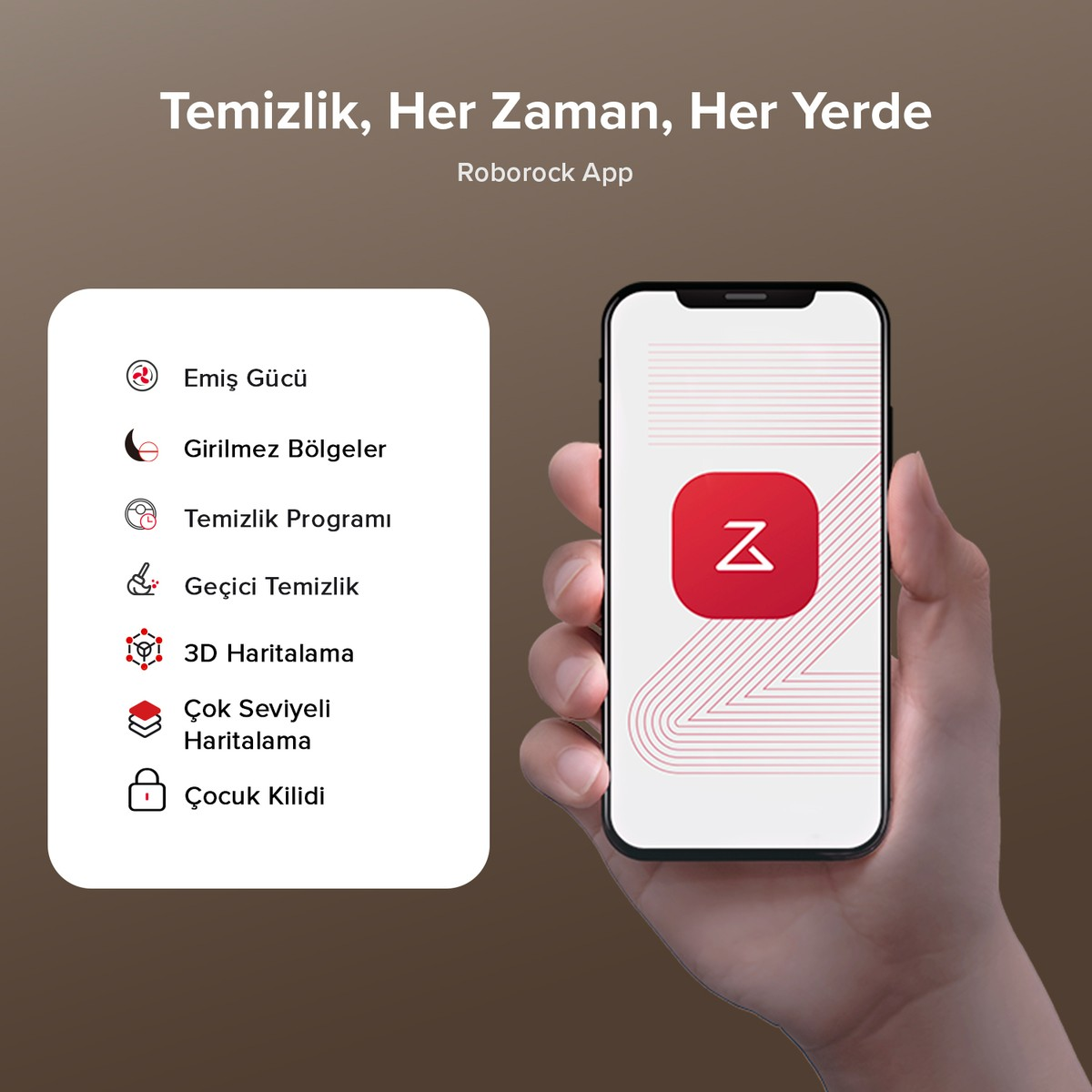 Bir el, temizlik seçeneklerini gösteren Roborock uygulamasını tutuyor.