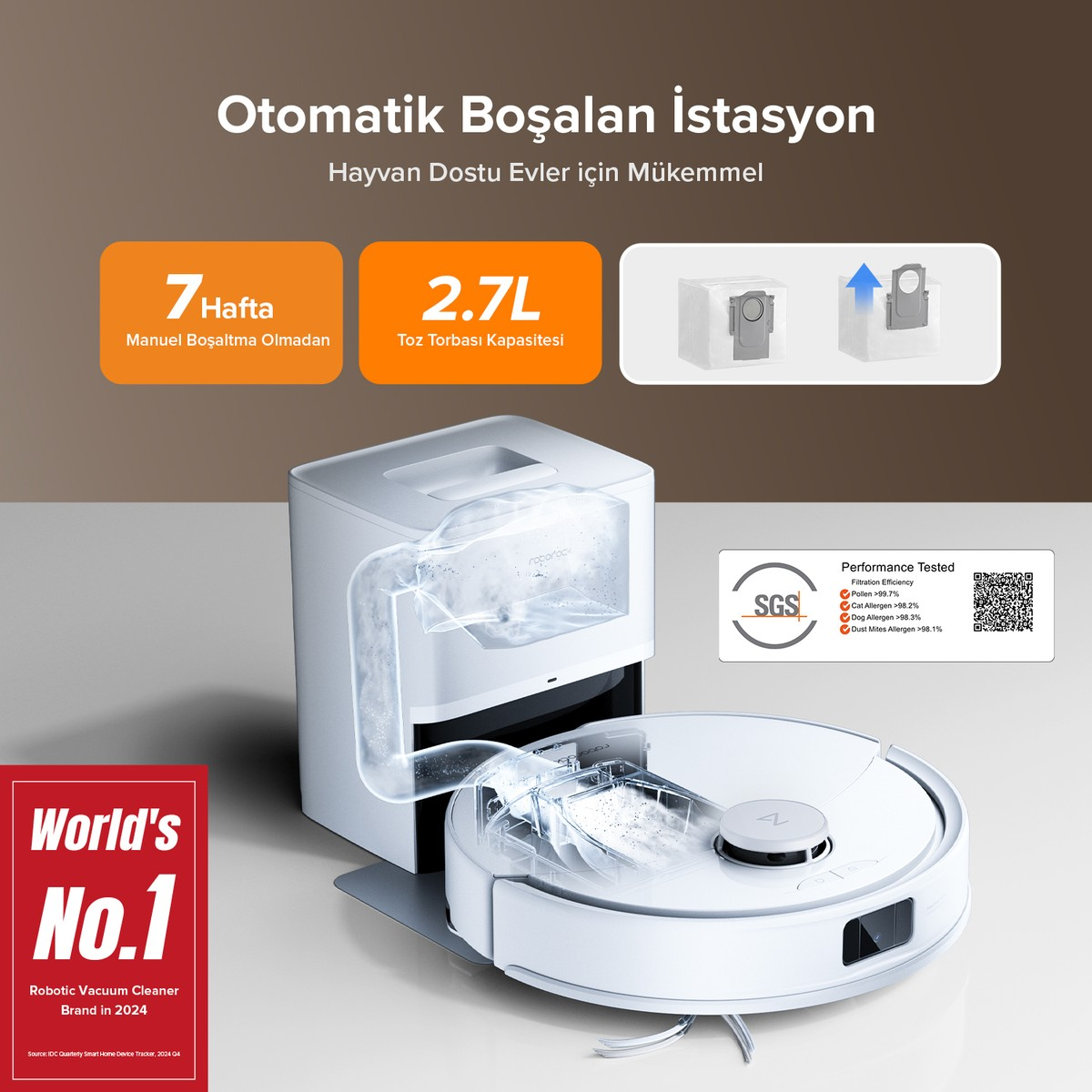 Toz toplama istasyonlu beyaz robot süpürge. 7 haftalık toz kapasitesi.