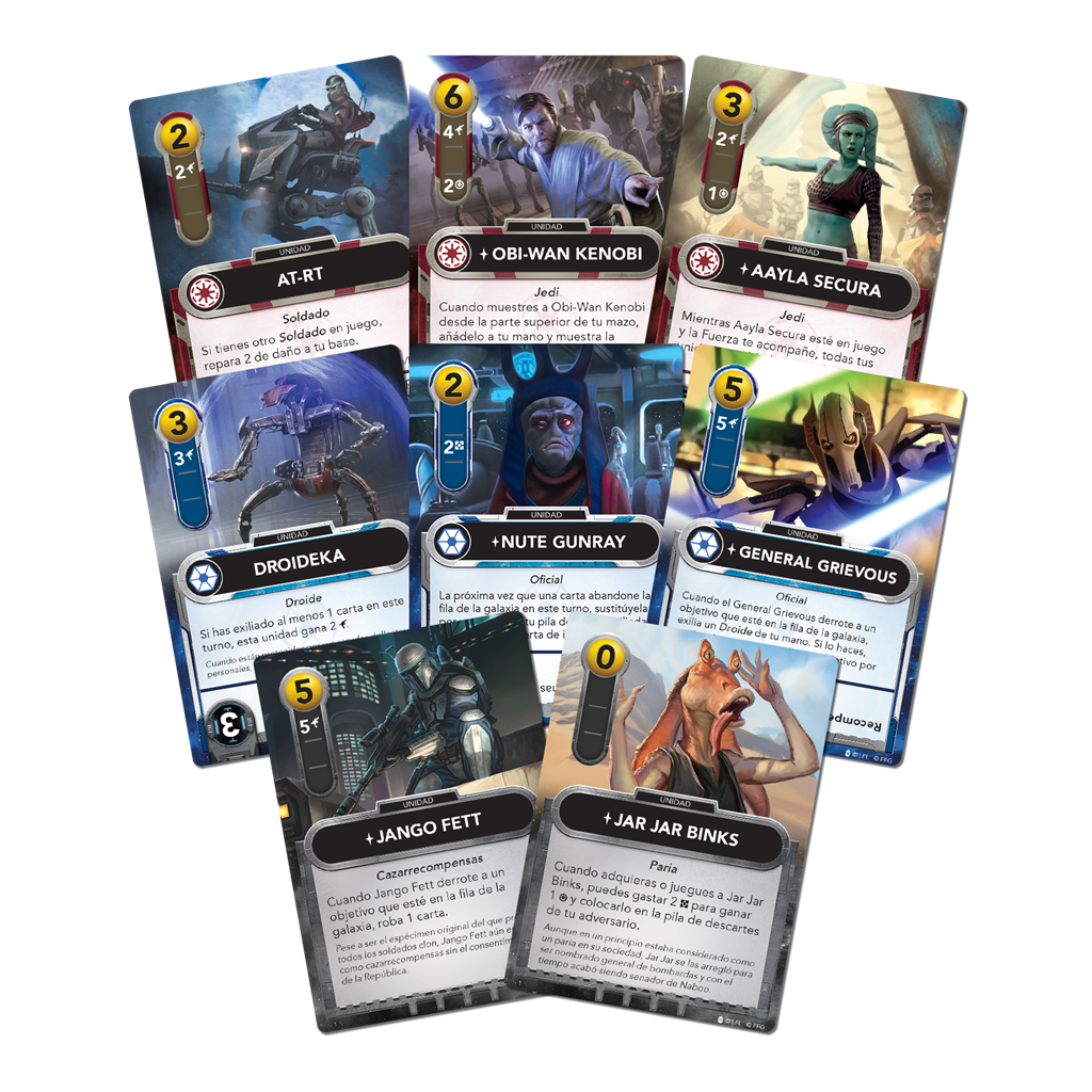 Juego de cartas de Star Wars con personajes AT-RT, Obi-Wan, Aayla Secura, Nute Gunray, Grievous, Jango Fett, Jar Jar Binks.