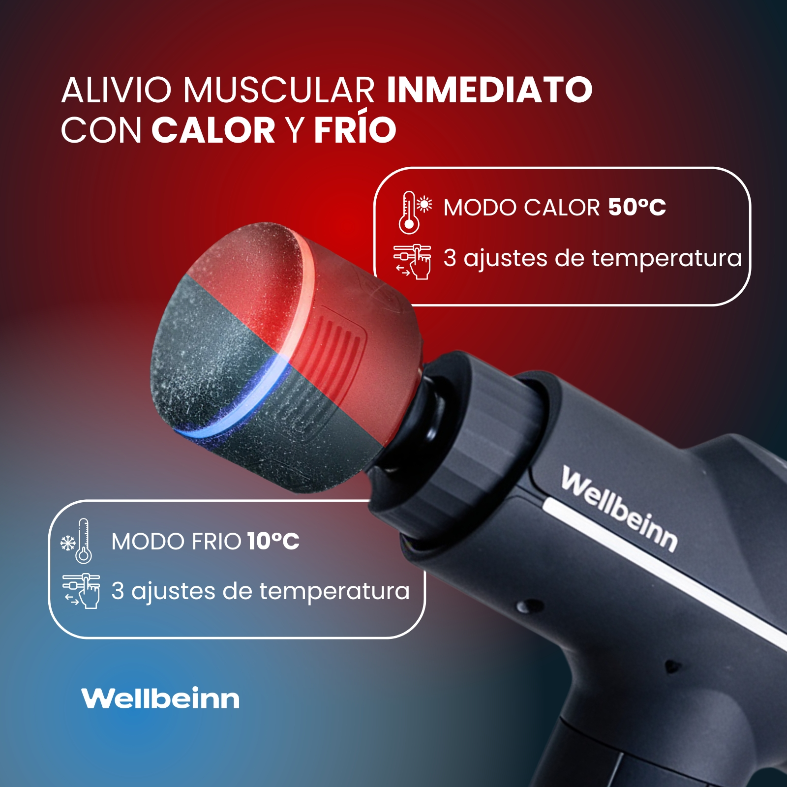 Pistola de masaje con modos calor y frío, 50°C/10°C, 3 ajustes.