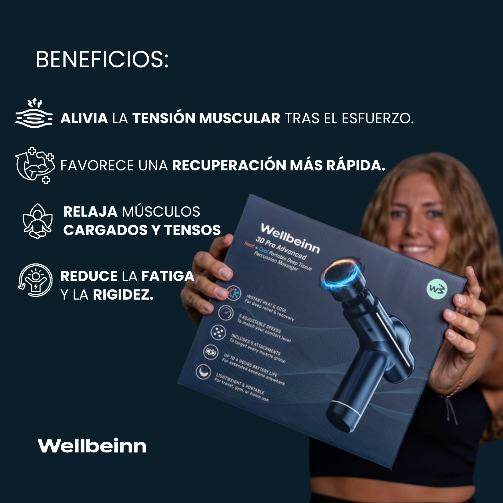 Mujer sostiene caja de pistola de masaje con beneficios como calor, frío y velocidad.