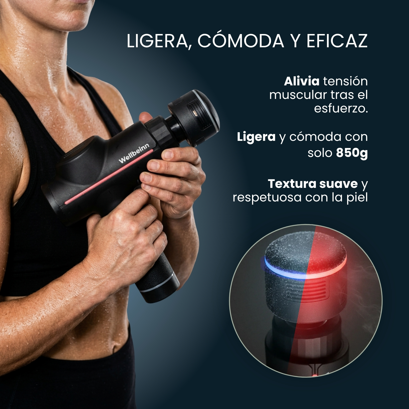 Mujer sosteniendo pistola de masaje. Textura ligera, cómoda y eficaz.