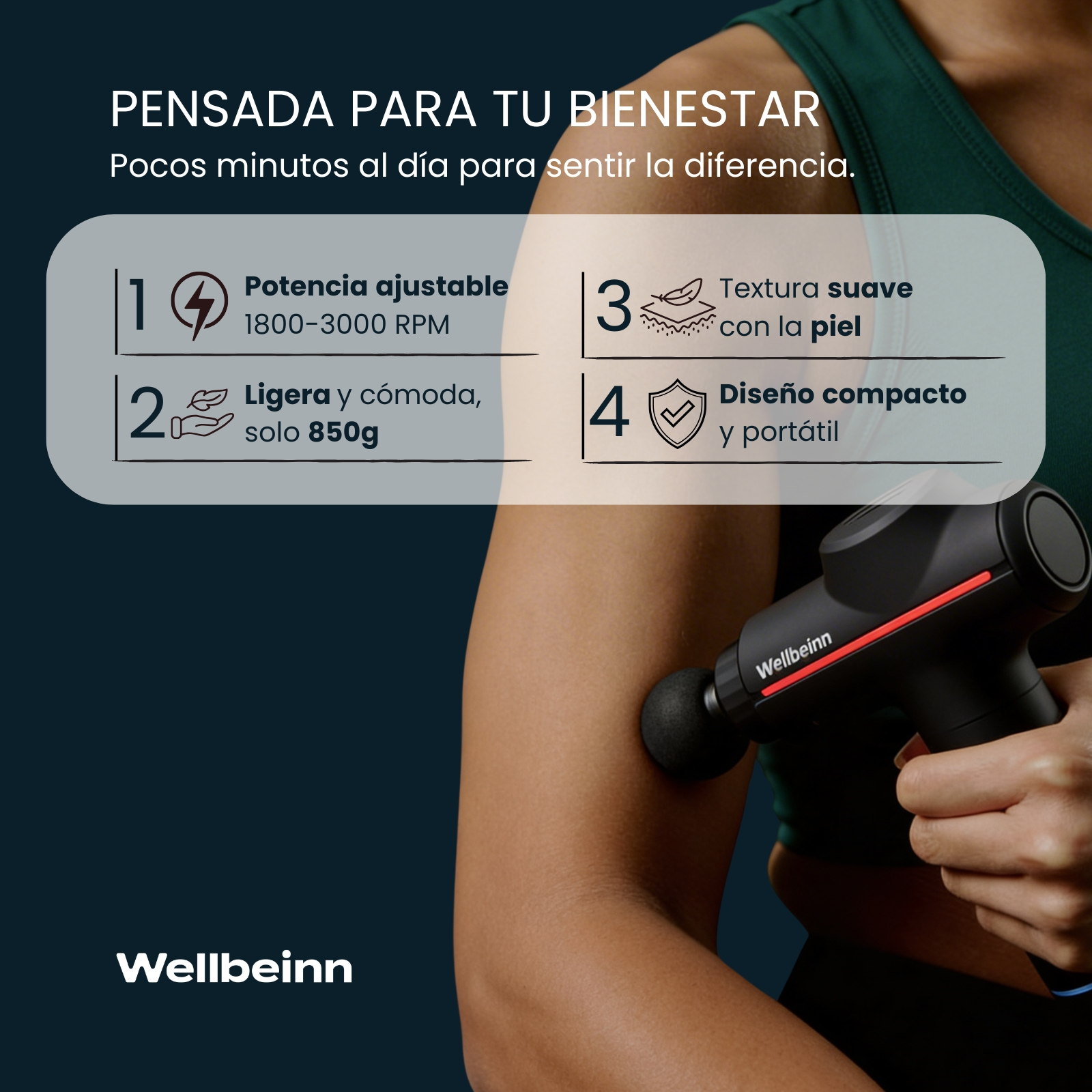 Una persona usa una pistola de masaje en el brazo. Características: potencia, ligero, suave, compacto.