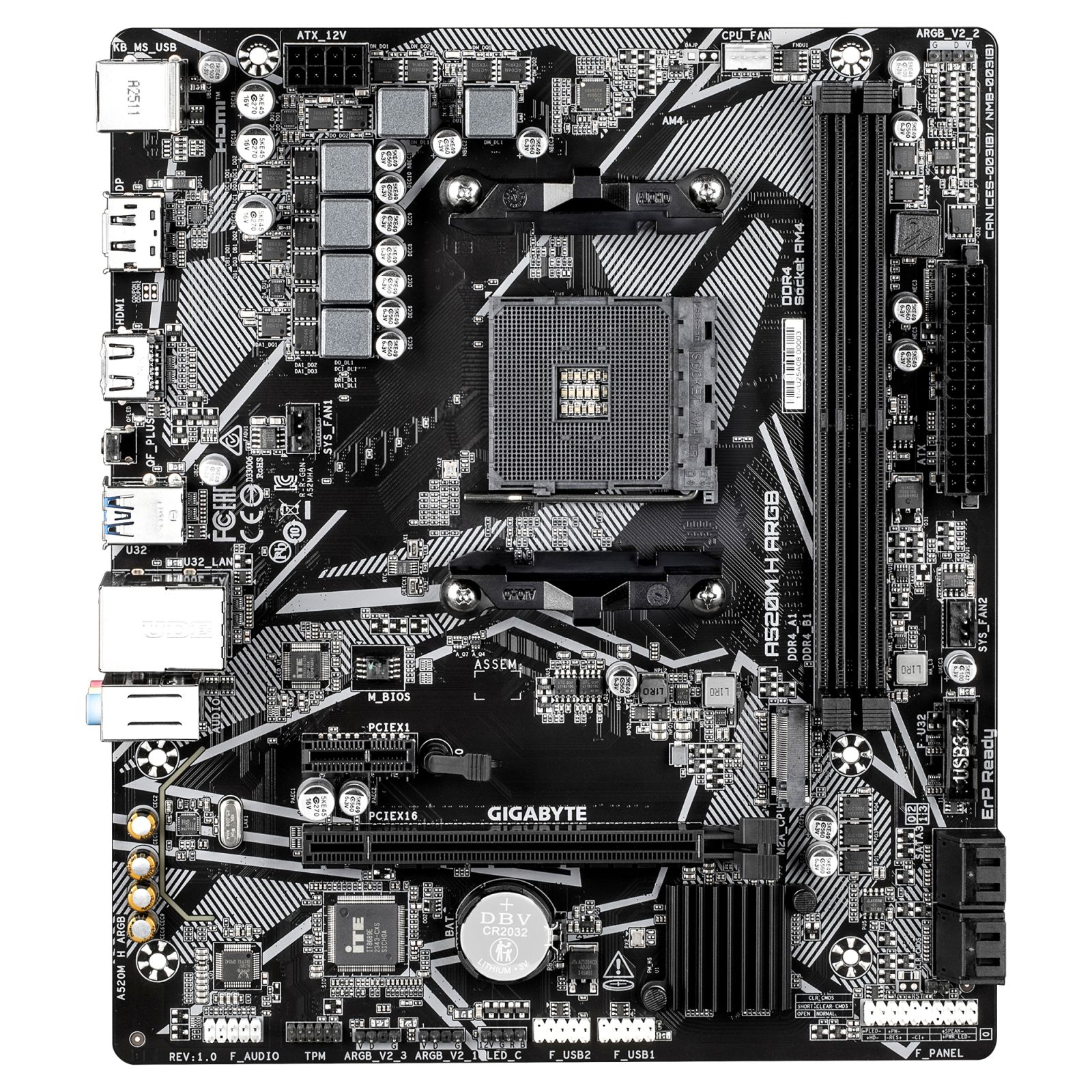 Una placa de circuito de placa base AMD AM4 negra con zócalo de CPU, ranuras RAM y puertos.