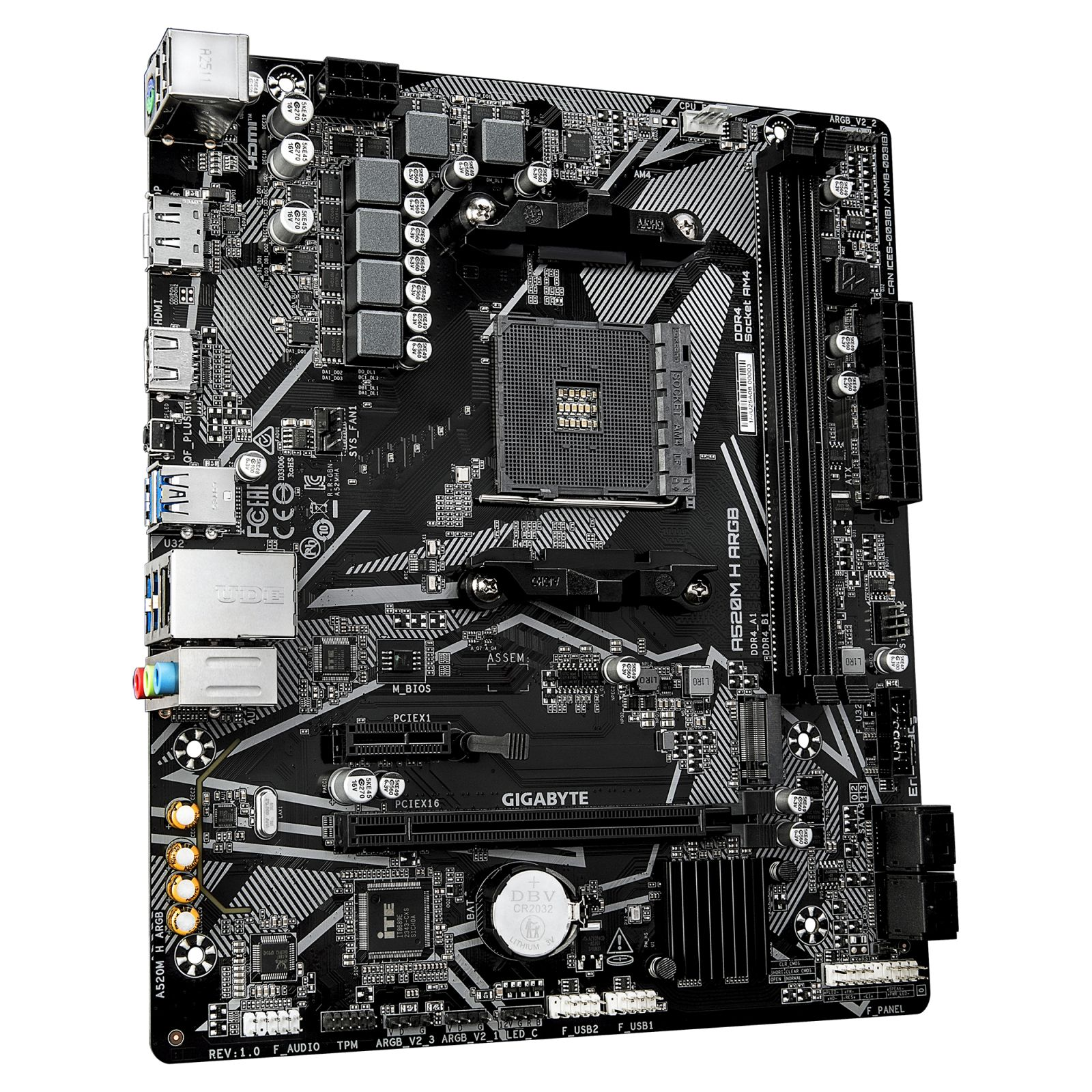 Una vista superior de la placa base Gigabyte A520M H ARGB negra, con zócalo de CPU, ranuras RAM y puertos.