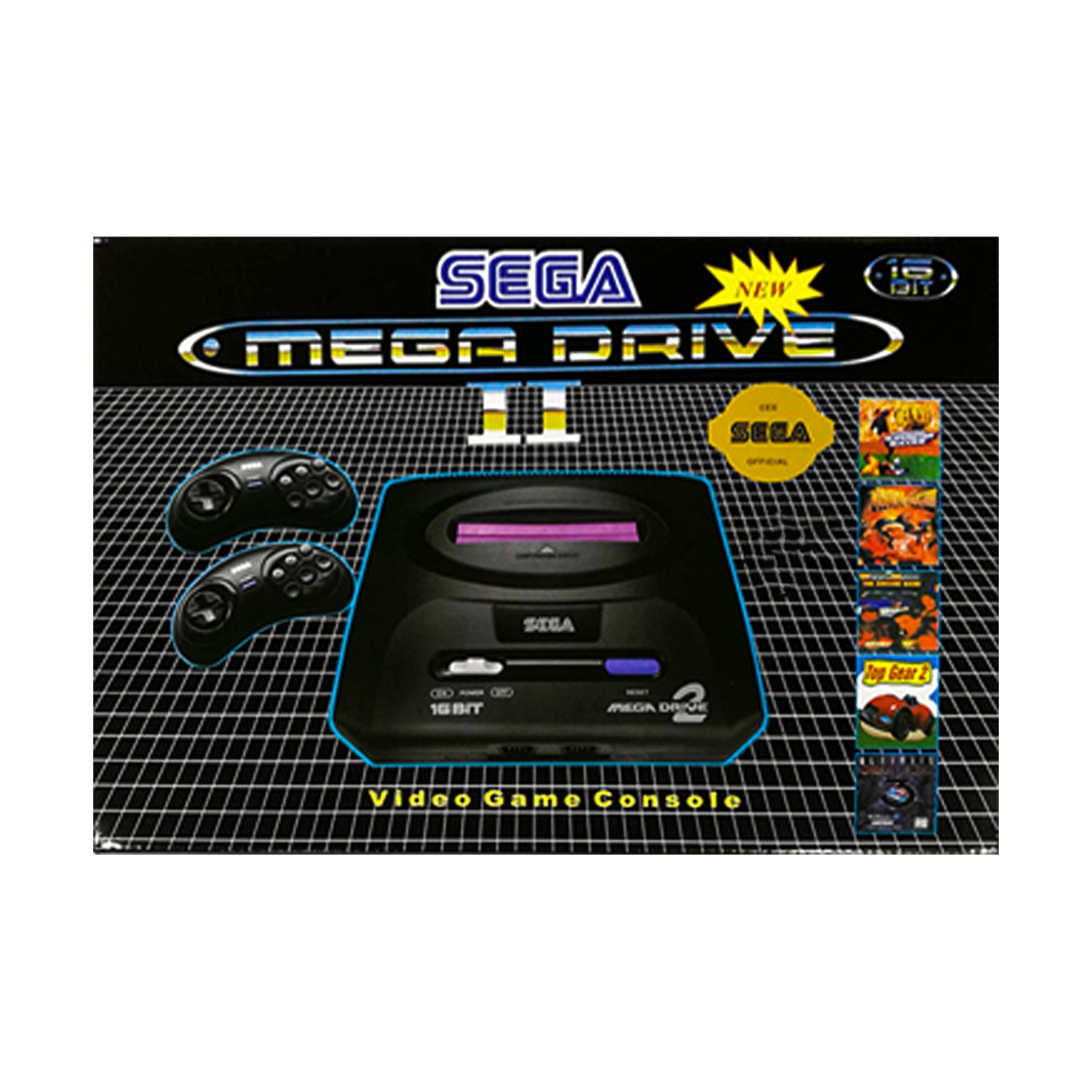 İki kumandalı ve oyun kapaklı Sega Mega Drive II konsolu.