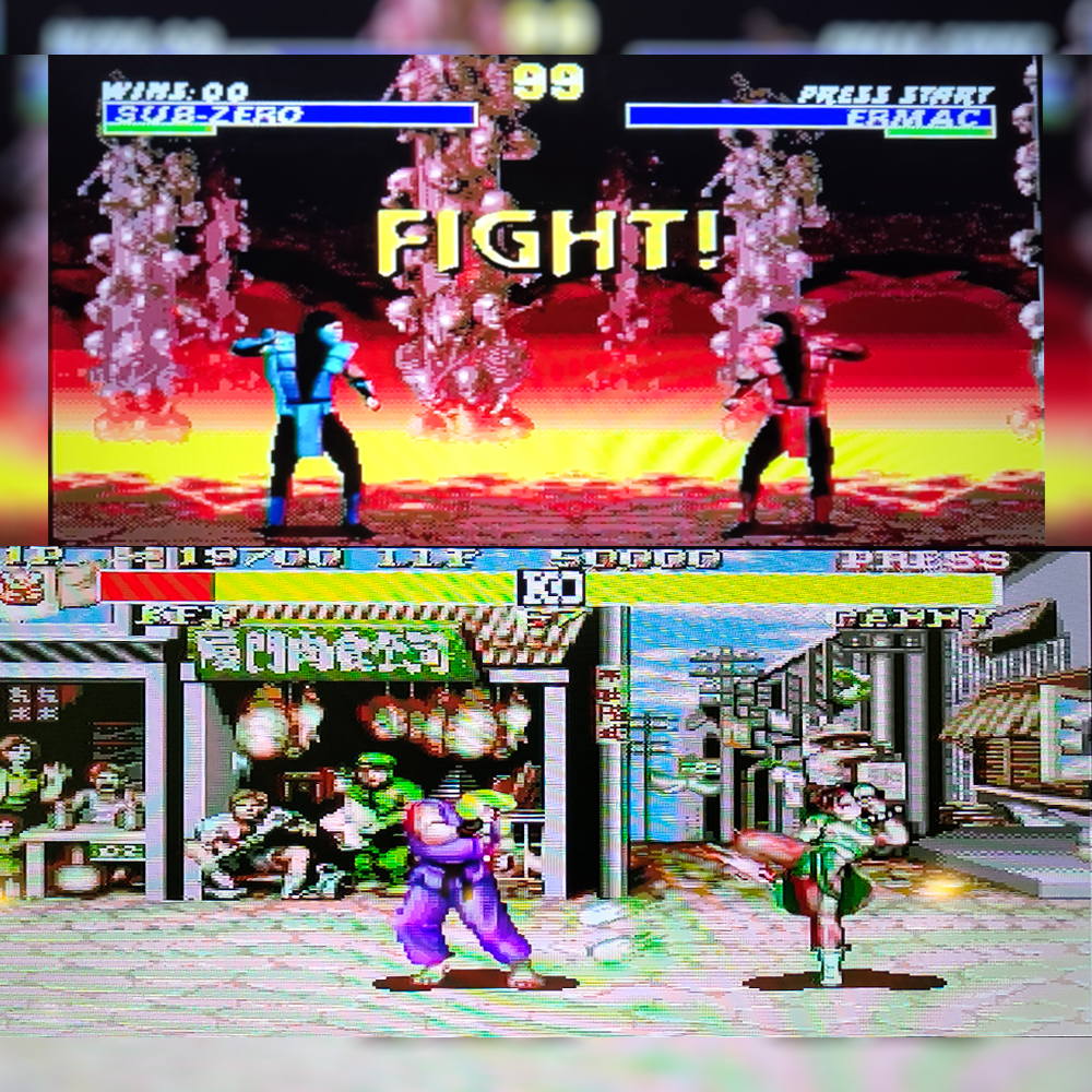 Dövüş oyunu sahnesi: Sub-Zero vs Ermac. Altta, yeşil karakterin mor karaktere karşı dövüştüğü sahne.