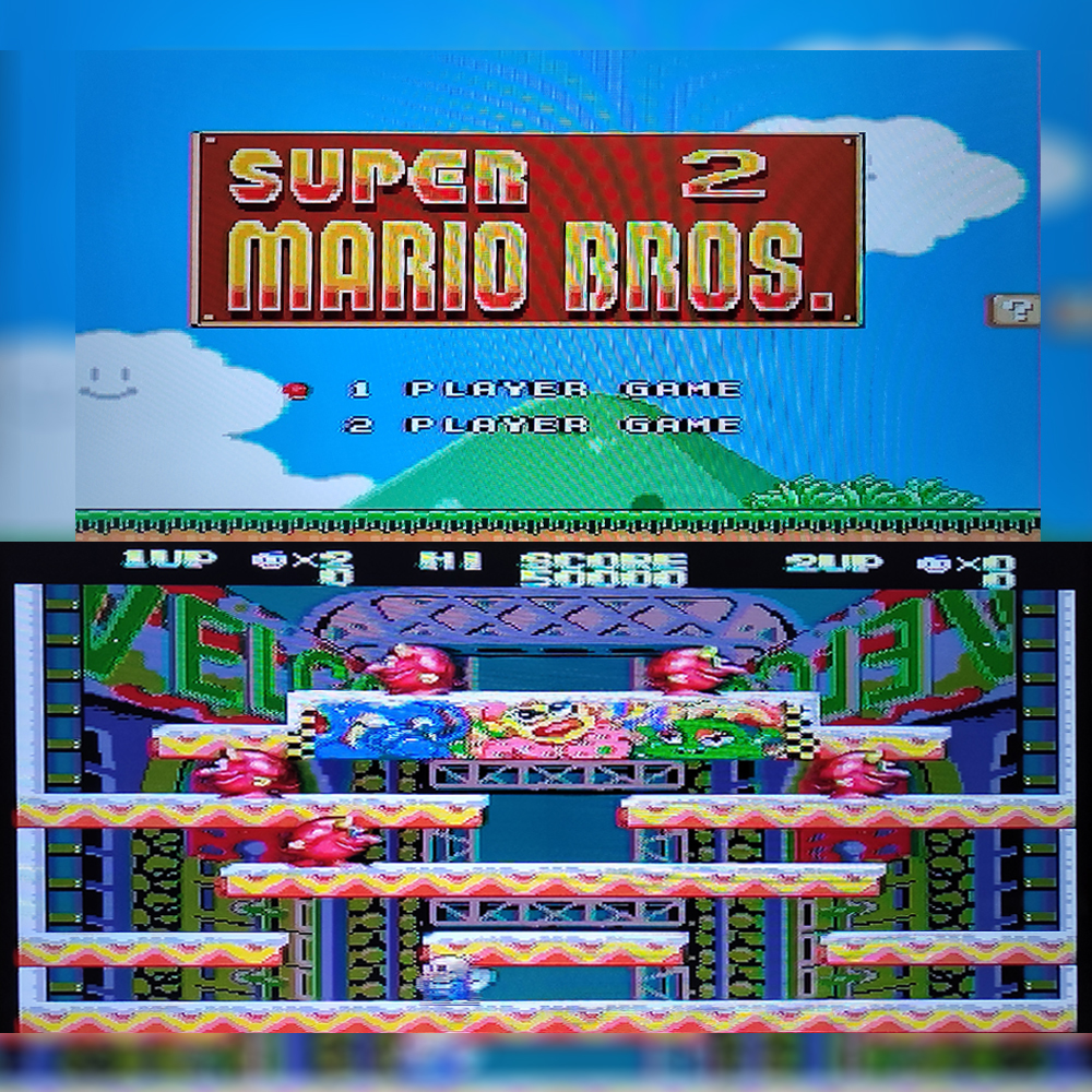 Super Mario Bros. 2 başlık ekranı ve renkli platformlarla oyun içi görüntü.