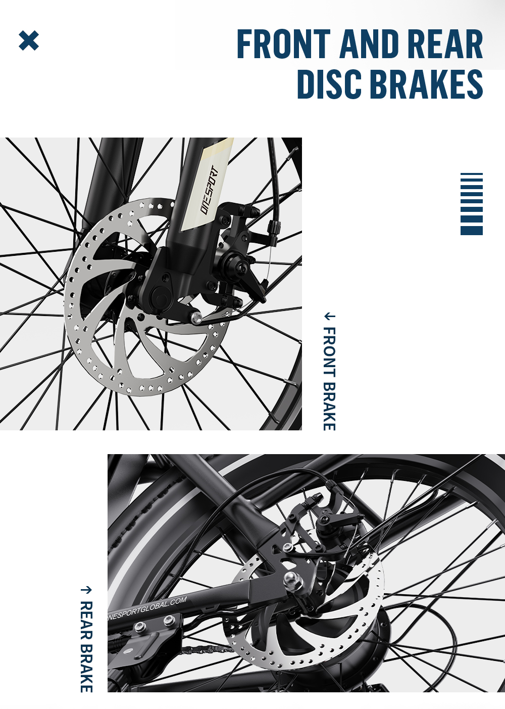 Primo piano dei freni a disco anteriori e posteriori di una bicicletta, che mostrano dettagli e meccanica.