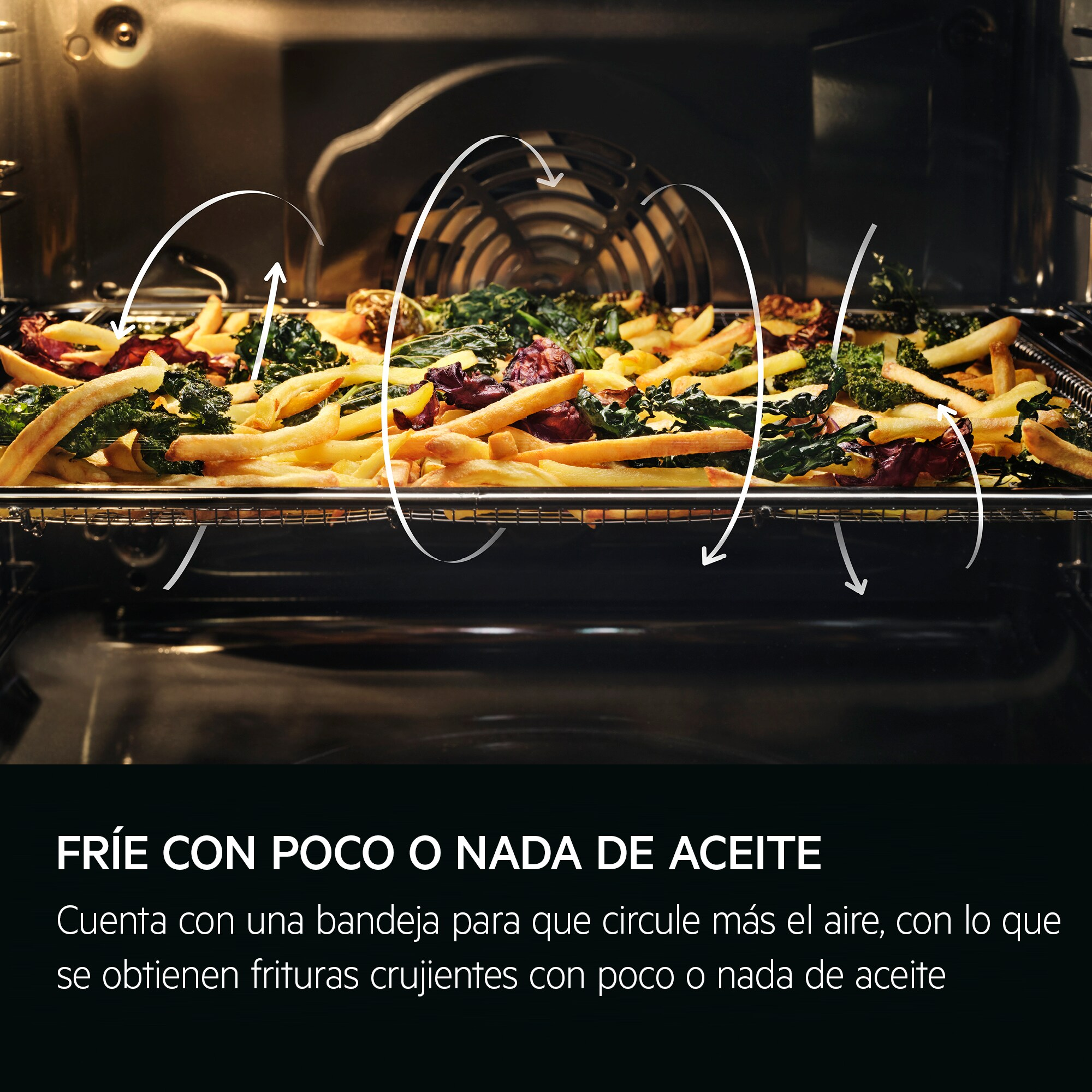 Patatine fritte e verdure cotte in forno con frecce che mostrano la circolazione dell'aria.