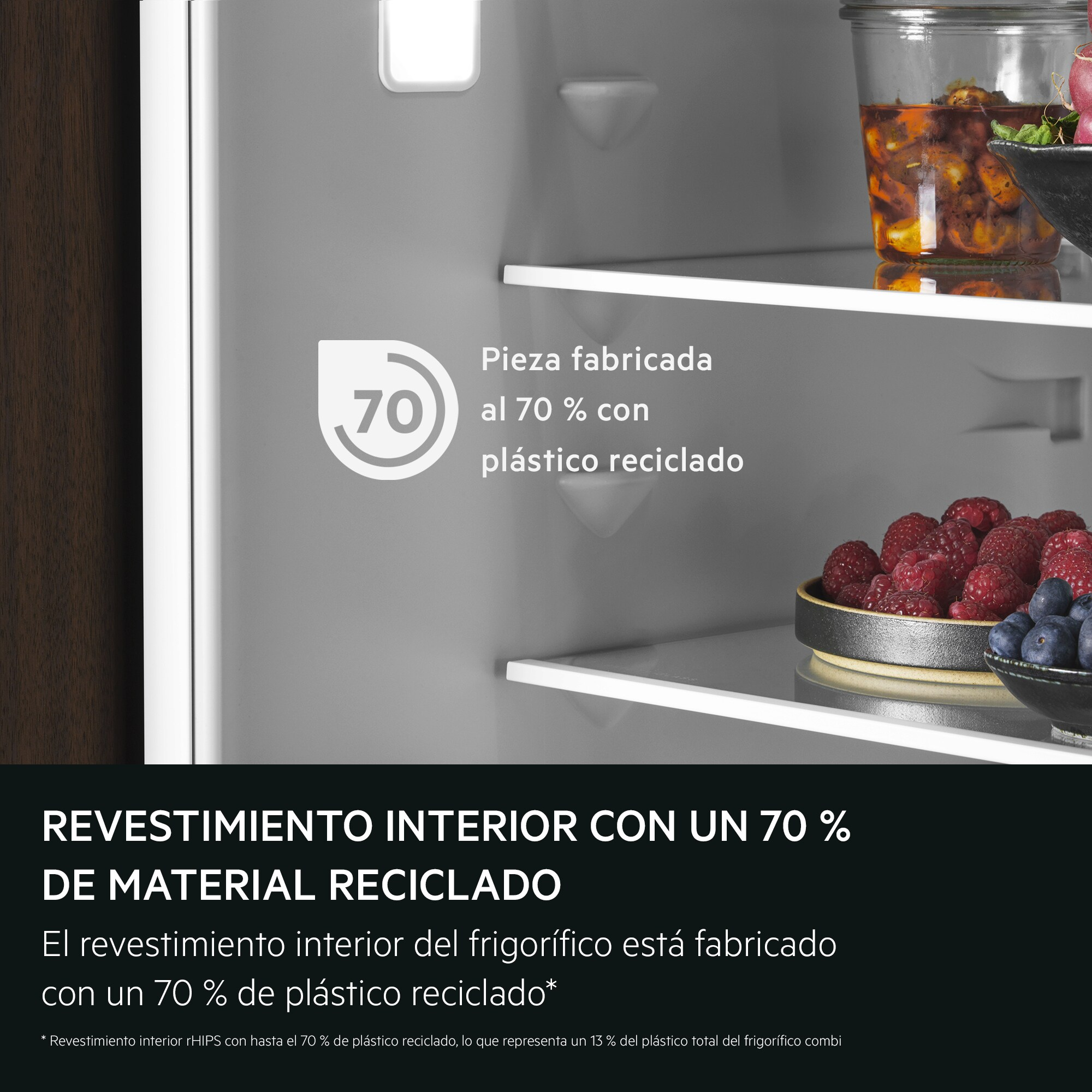 Interior de nevera con 70% material reciclado. Frutos rojos en plato.