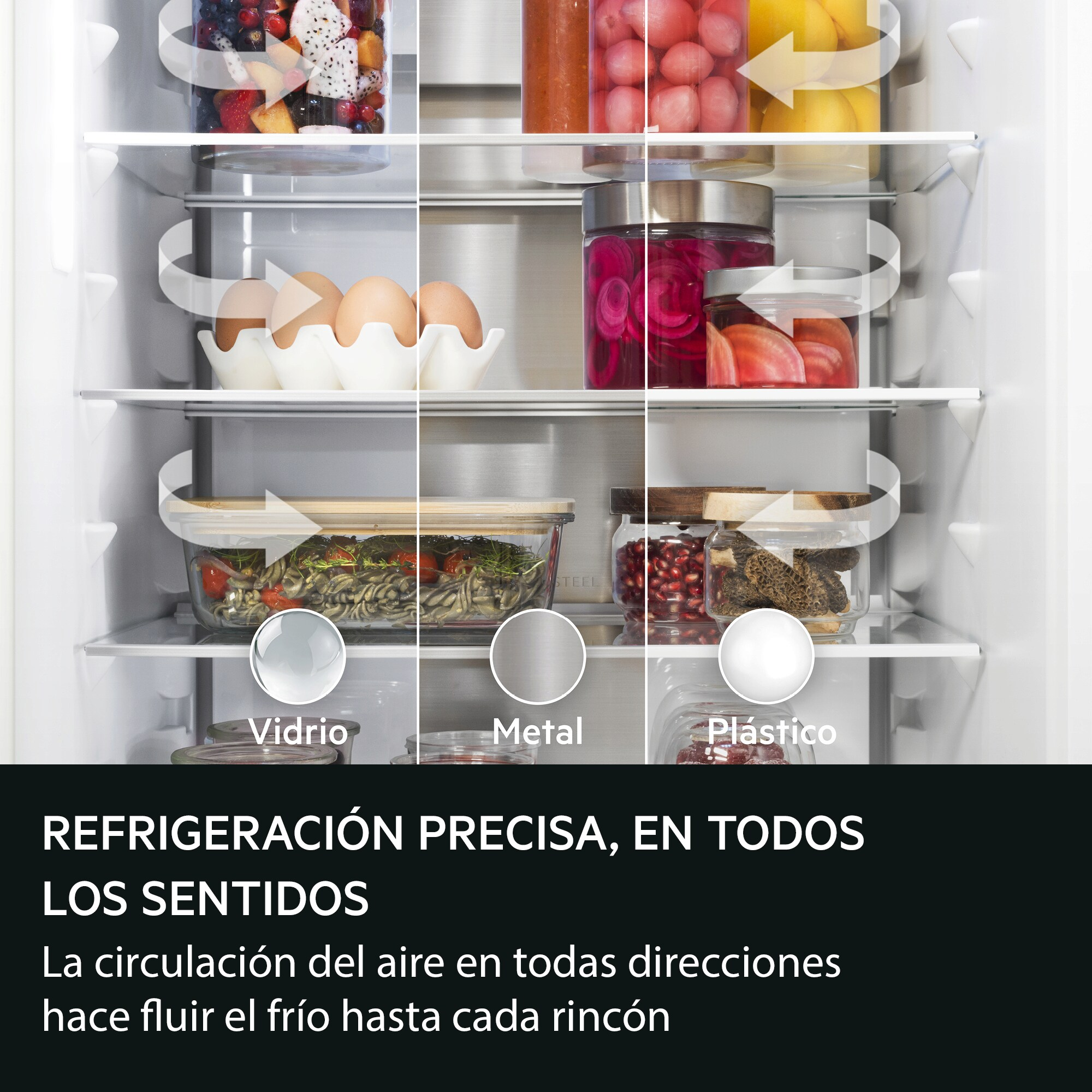 Estantes de refrigerador con comida y flechas de circulación de aire.