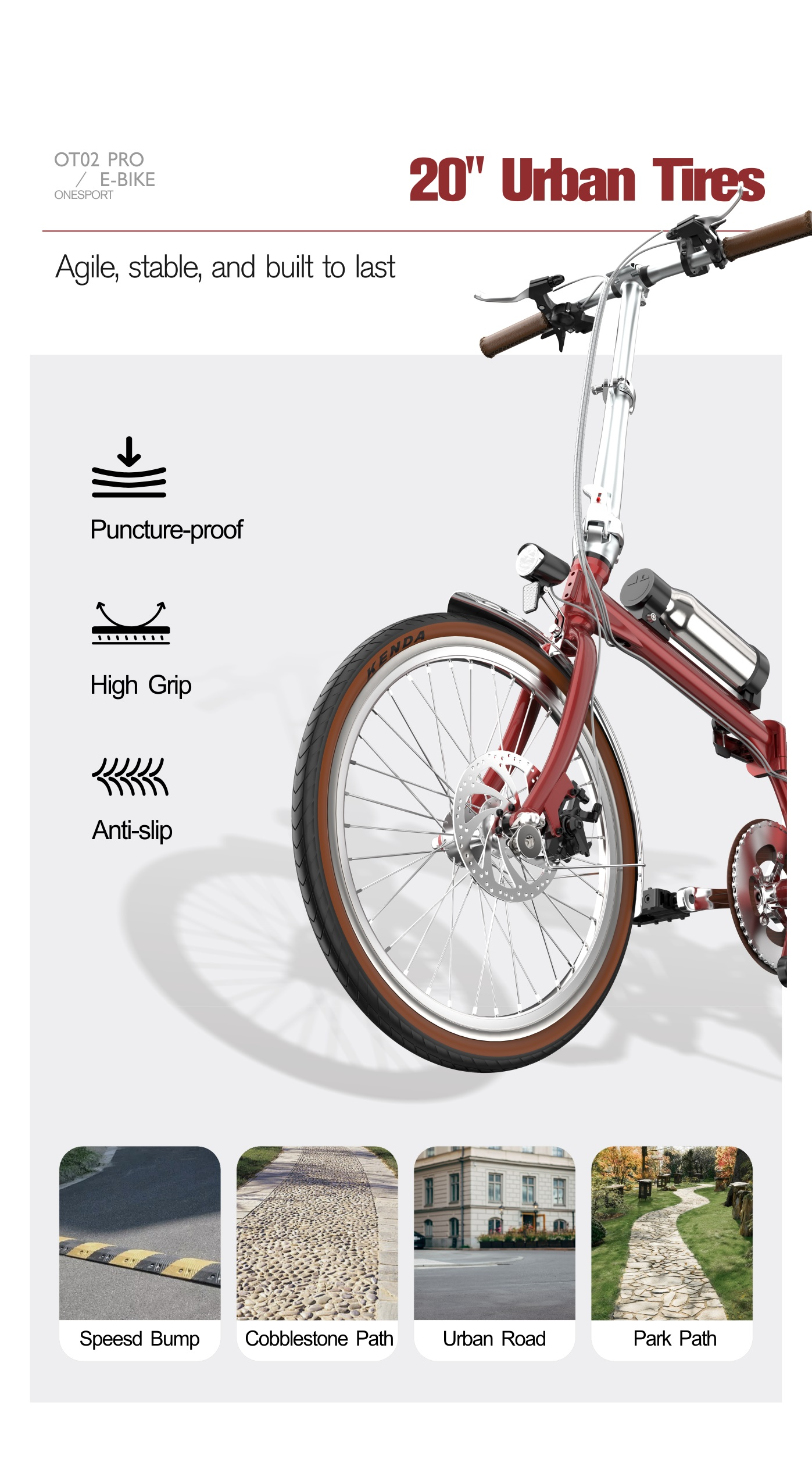 Bicicleta eléctrica roja con neumáticos de 20 pulgadas, antipinchazos.