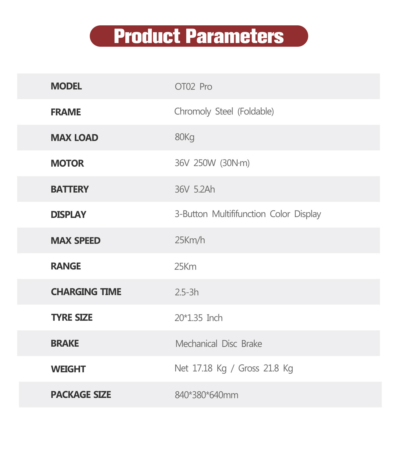 Parámetros del producto: Modelo OT02 Pro, marco de acero, carga 80kg, motor 250W.