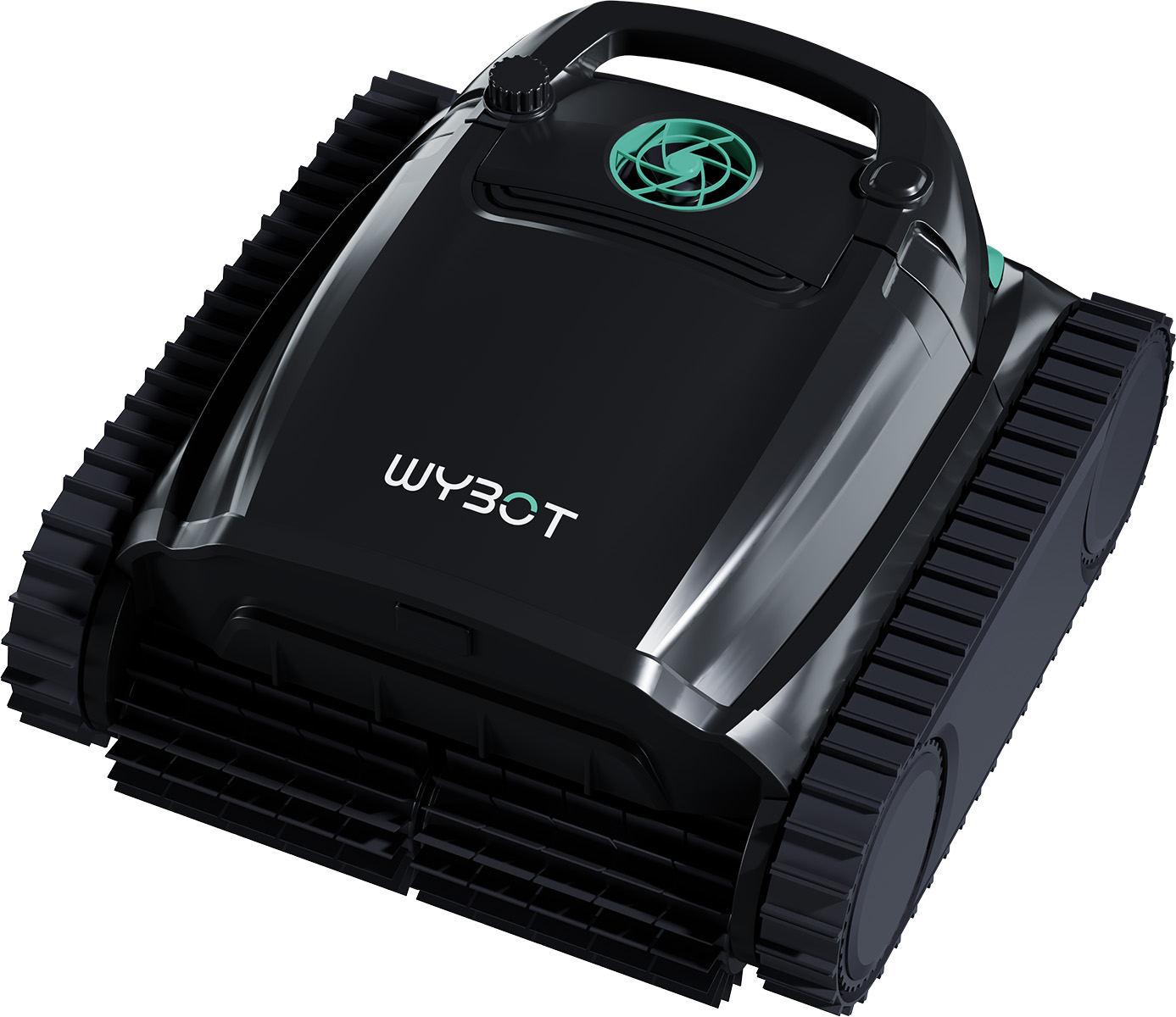 Czarny robot basenowy z gąsienicami i logo 'WYBOT'.