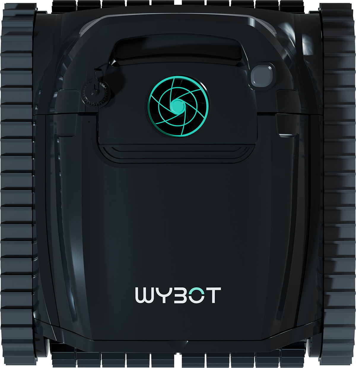 Czarny robot basenowy z gąsienicami i niebieskim grillem wentylatora. Nazwa marki WYBOT.