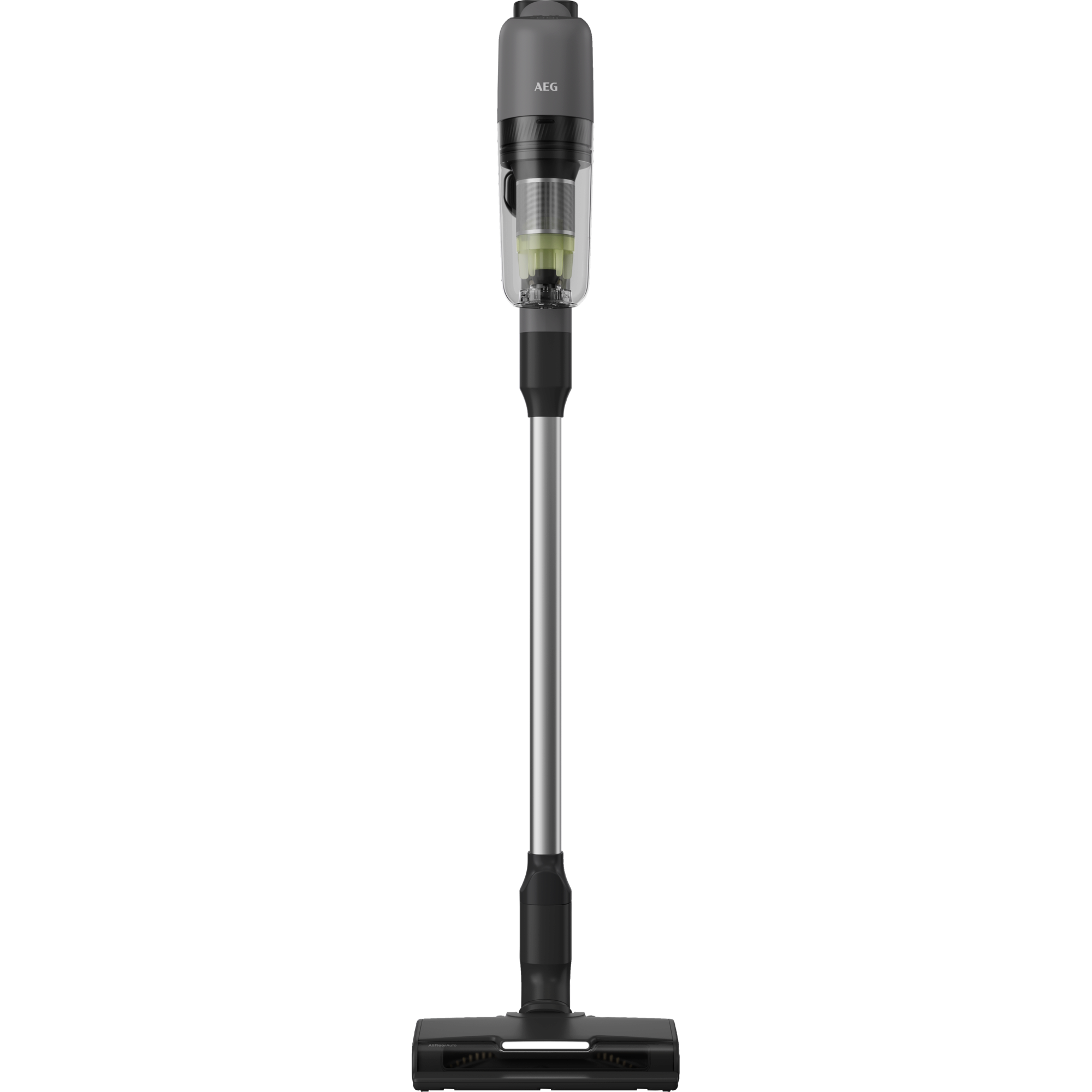 Una aspiradora inalámbrica AEG gris con tubo plateado y cabezal de cepillo negro.