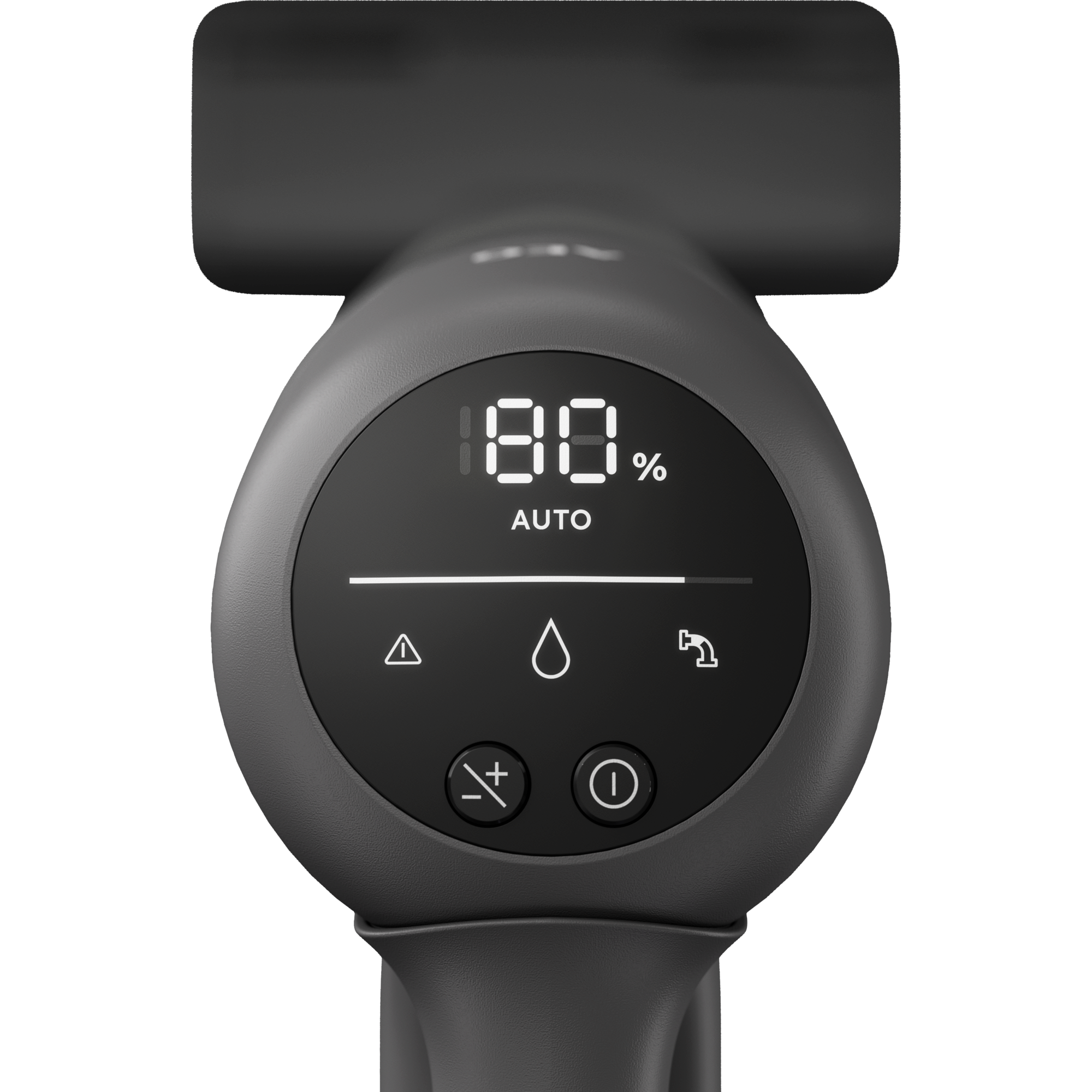 Mango gris con pantalla digital que muestra 80% de batería y modo auto.