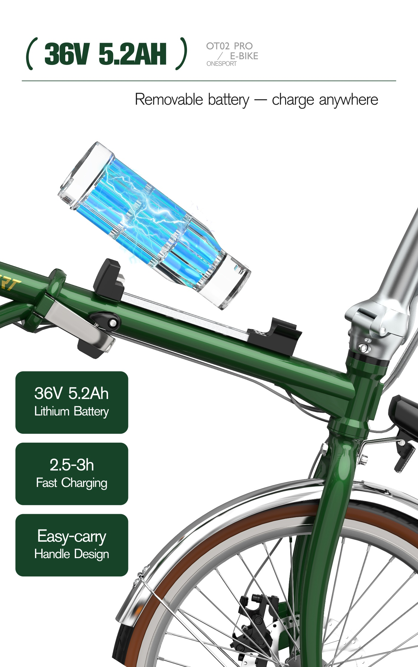 Bicicleta eléctrica verde con batería extraíble, indicador de carga y carga rápida.