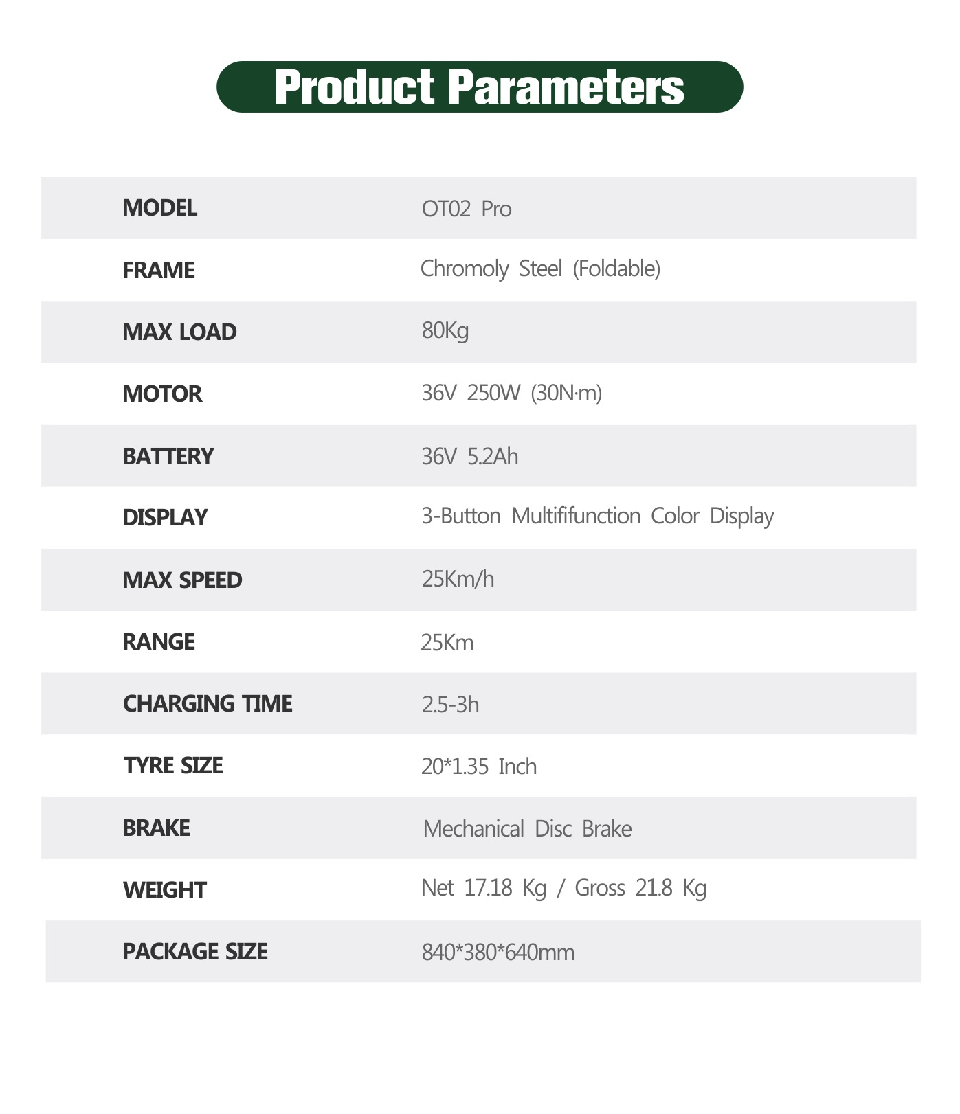 Especificaciones: Modelo OT02 Pro, marco de acero, 80kg máx carga, motor 250W, batería 5.2Ah.