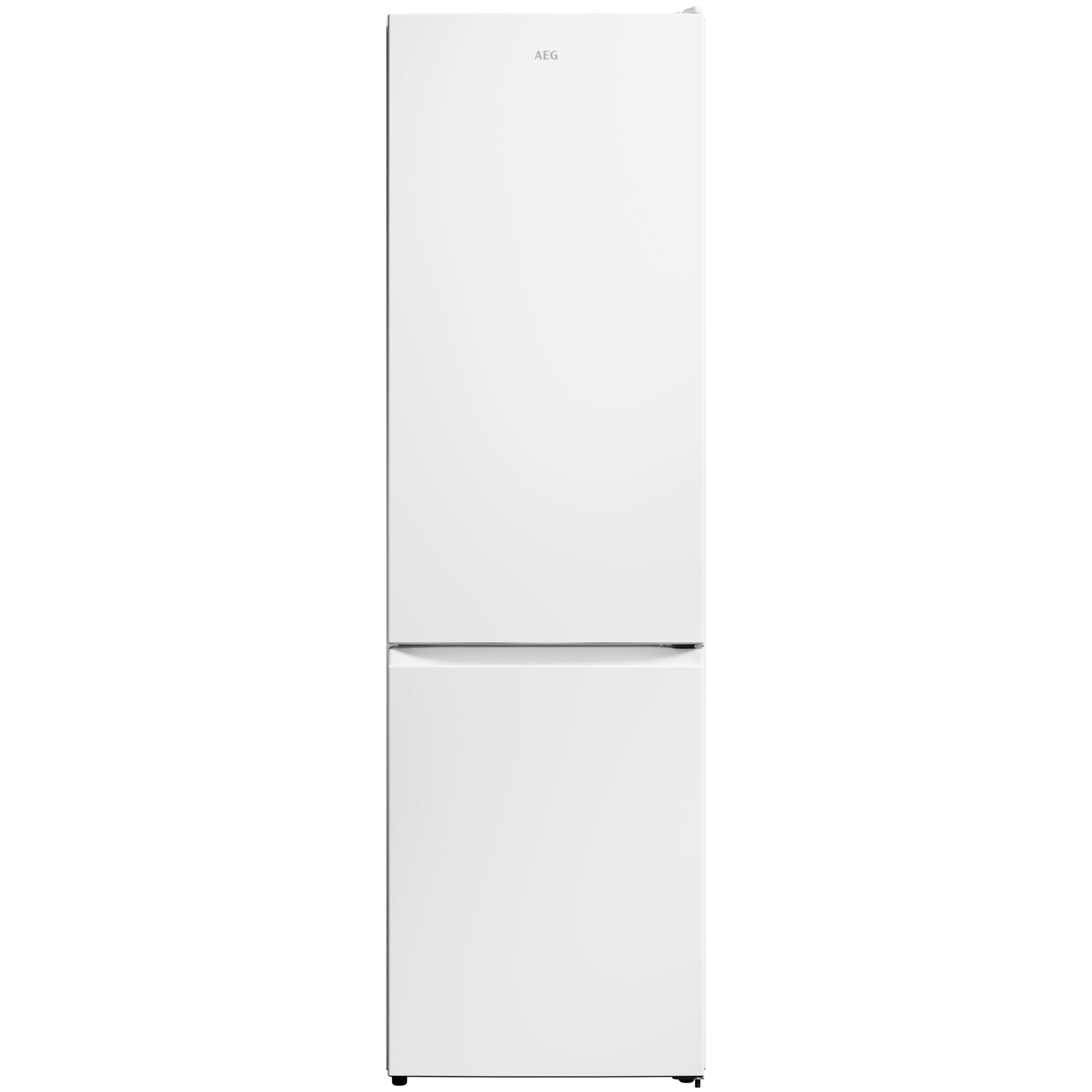 Un refrigerador AEG blanco con dos puertas, arriba y abajo.