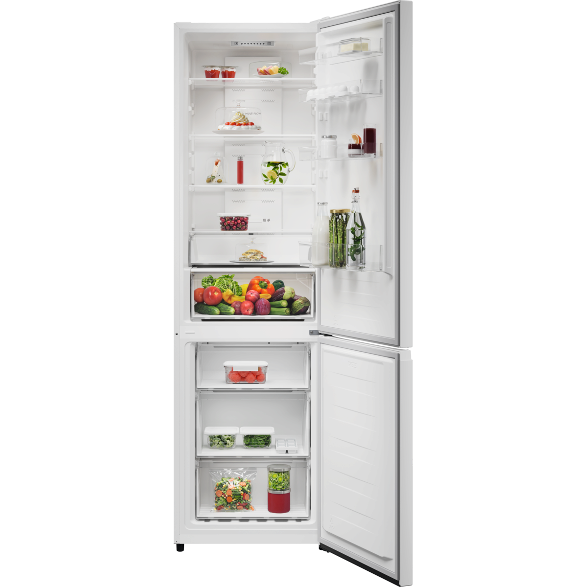 Nevera blanca abierta con alimentos como verduras, frutas y bebidas.