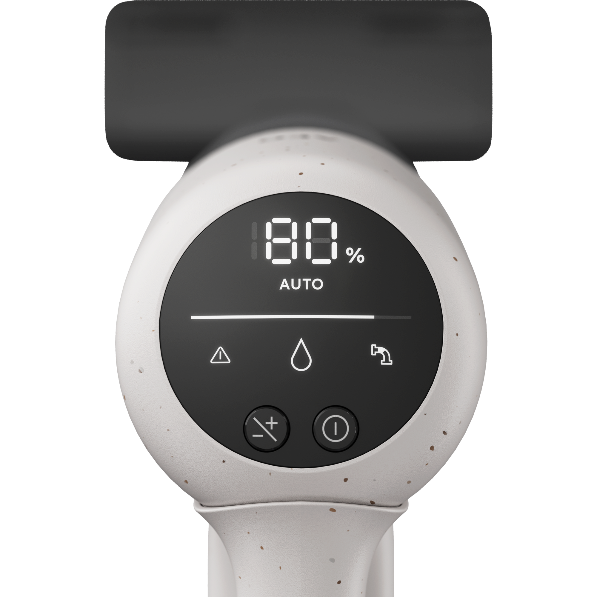Primer plano de un dispositivo blanco con pantalla digital que muestra 80% AUTO.