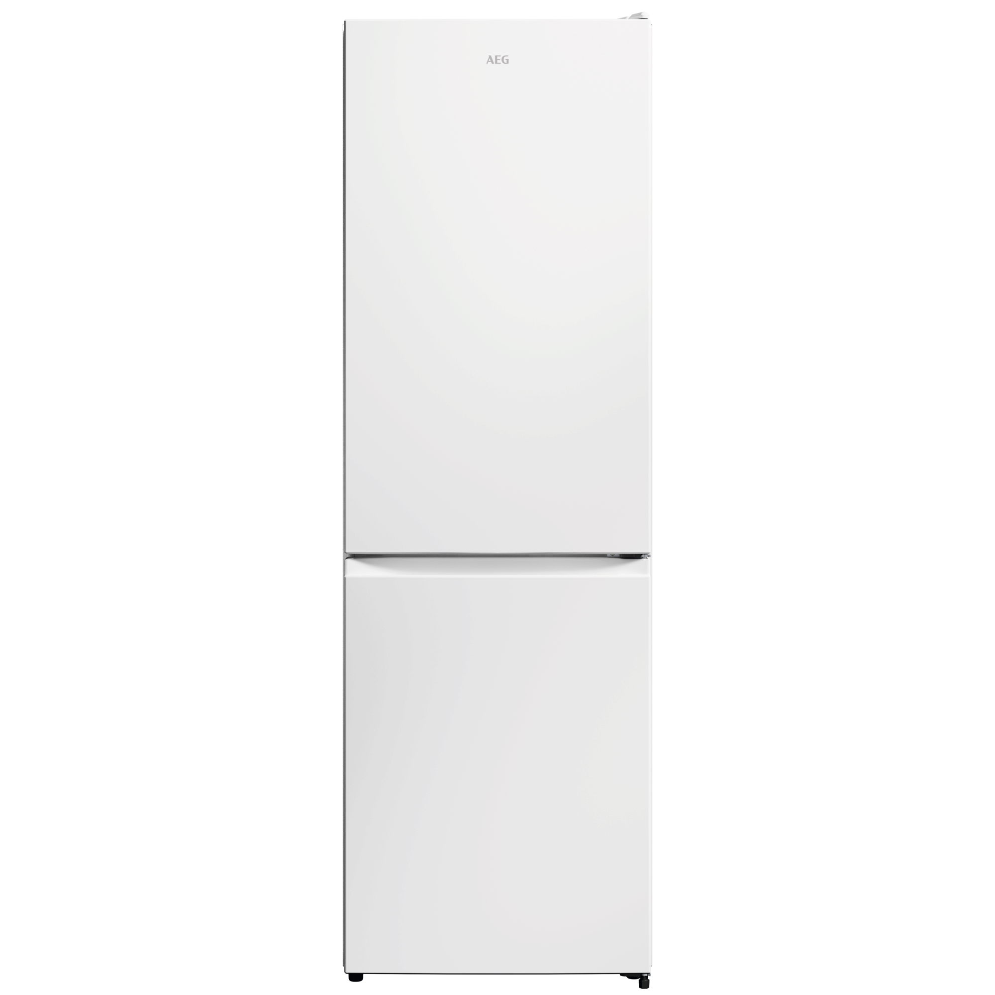Un frigorífico AEG blanco con dos puertas y un tirador plateado.