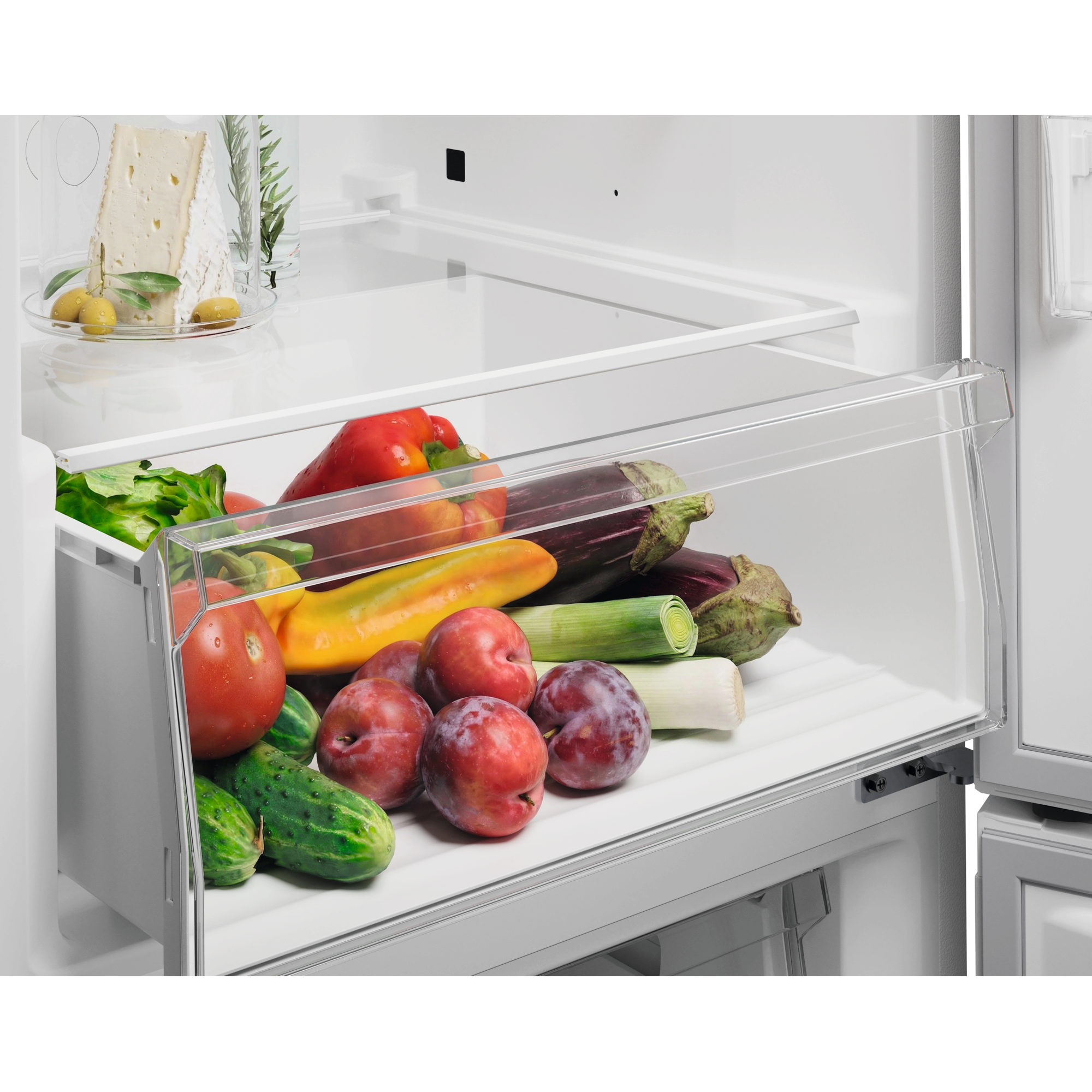 Verduras y frutas frescas en un cajón del refrigerador: tomates, pepinos, pimientos, berenjenas, ciruelas y puerros.