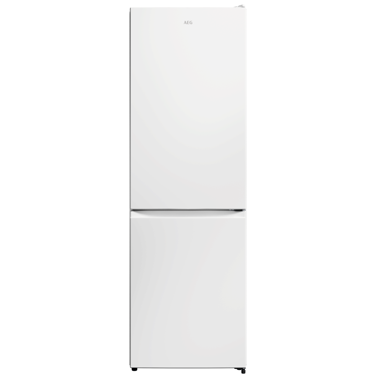 Un refrigerador AEG blanco con dos puertas, una arriba y otra abajo.
