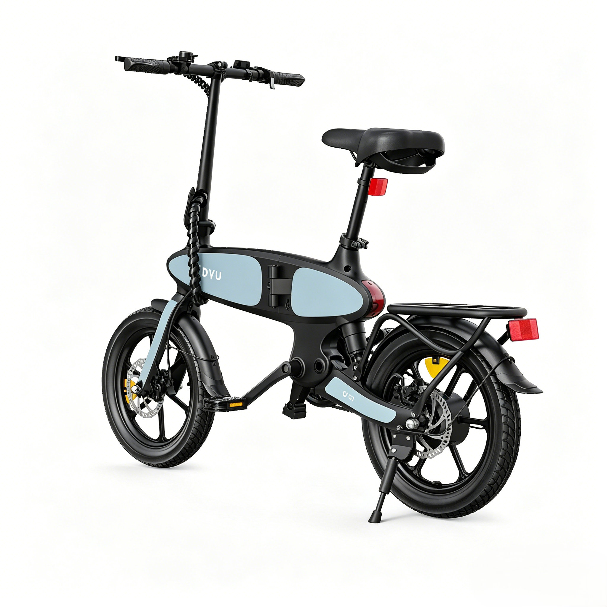 Una bicicletta elettrica pieghevole nera con accenti azzurri e portapacchi posteriore.