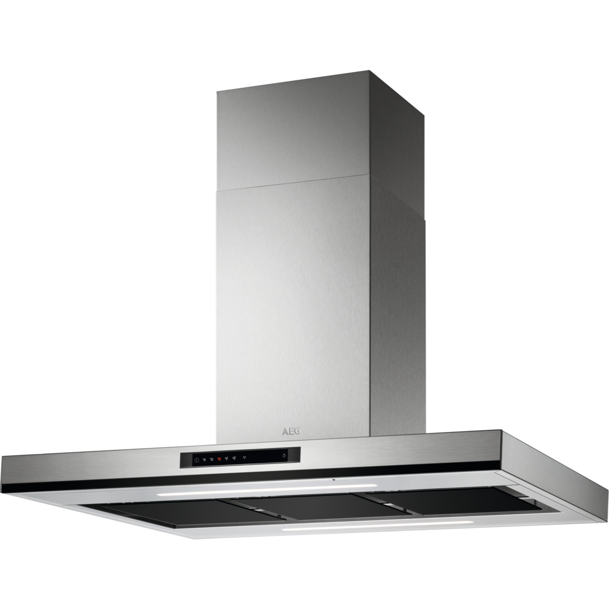 Una campana extractora plateada con panel táctil y luces.