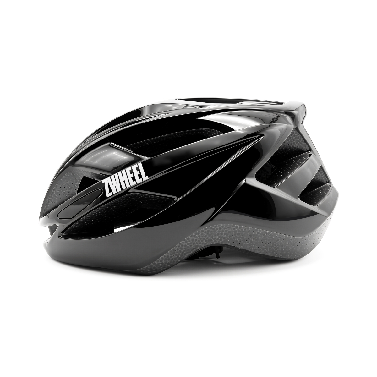 Casco de bicicleta negro con ventilaciones y logo blanco.