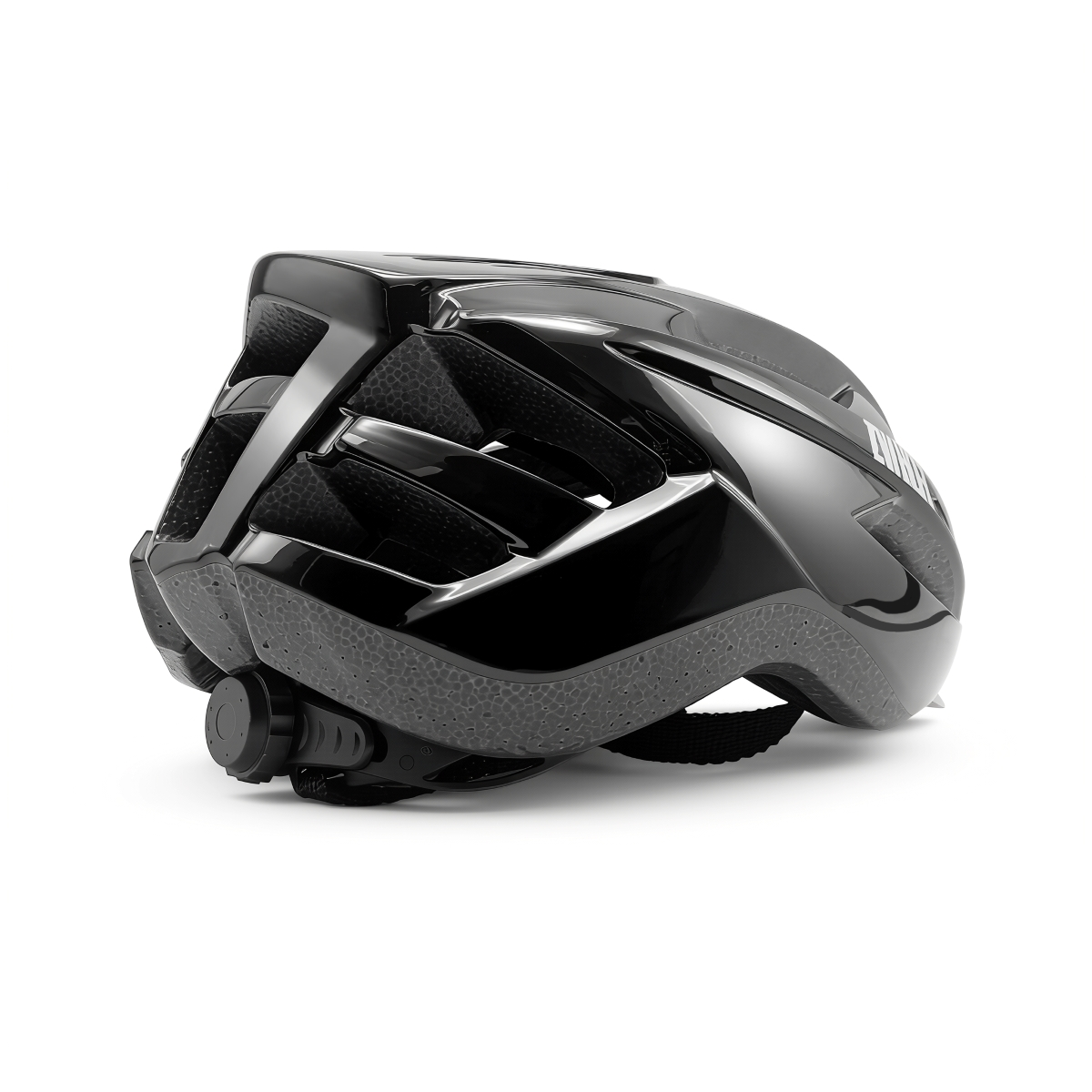 Casco de bicicleta negro con ventilaciones y dial de ajuste.