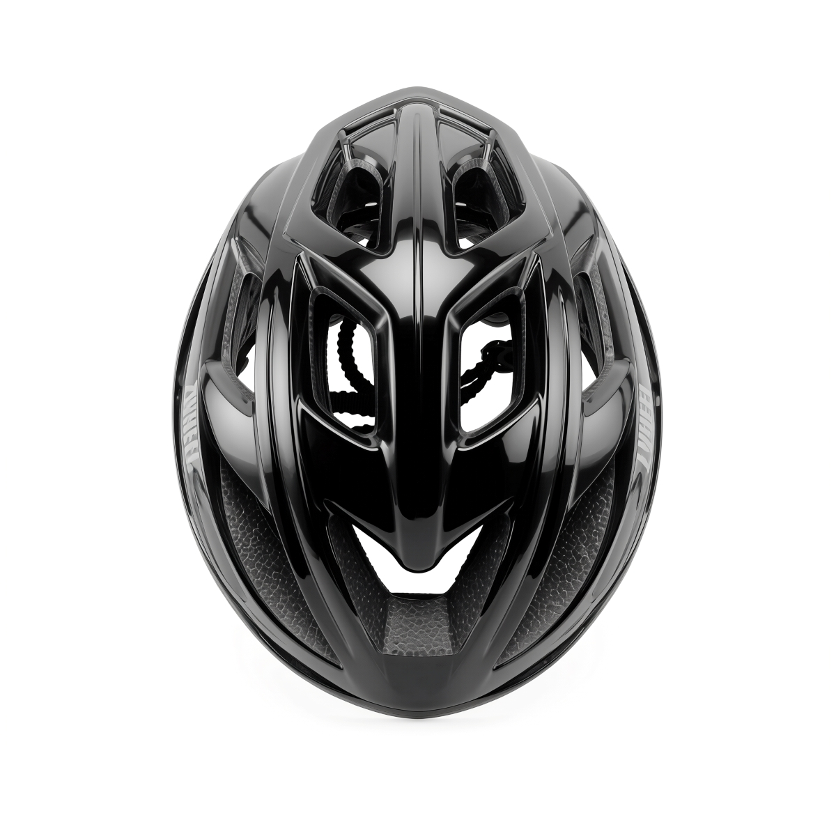 Un casco de bicicleta negro brillante con ventilaciones visto de frente sobre fondo blanco.