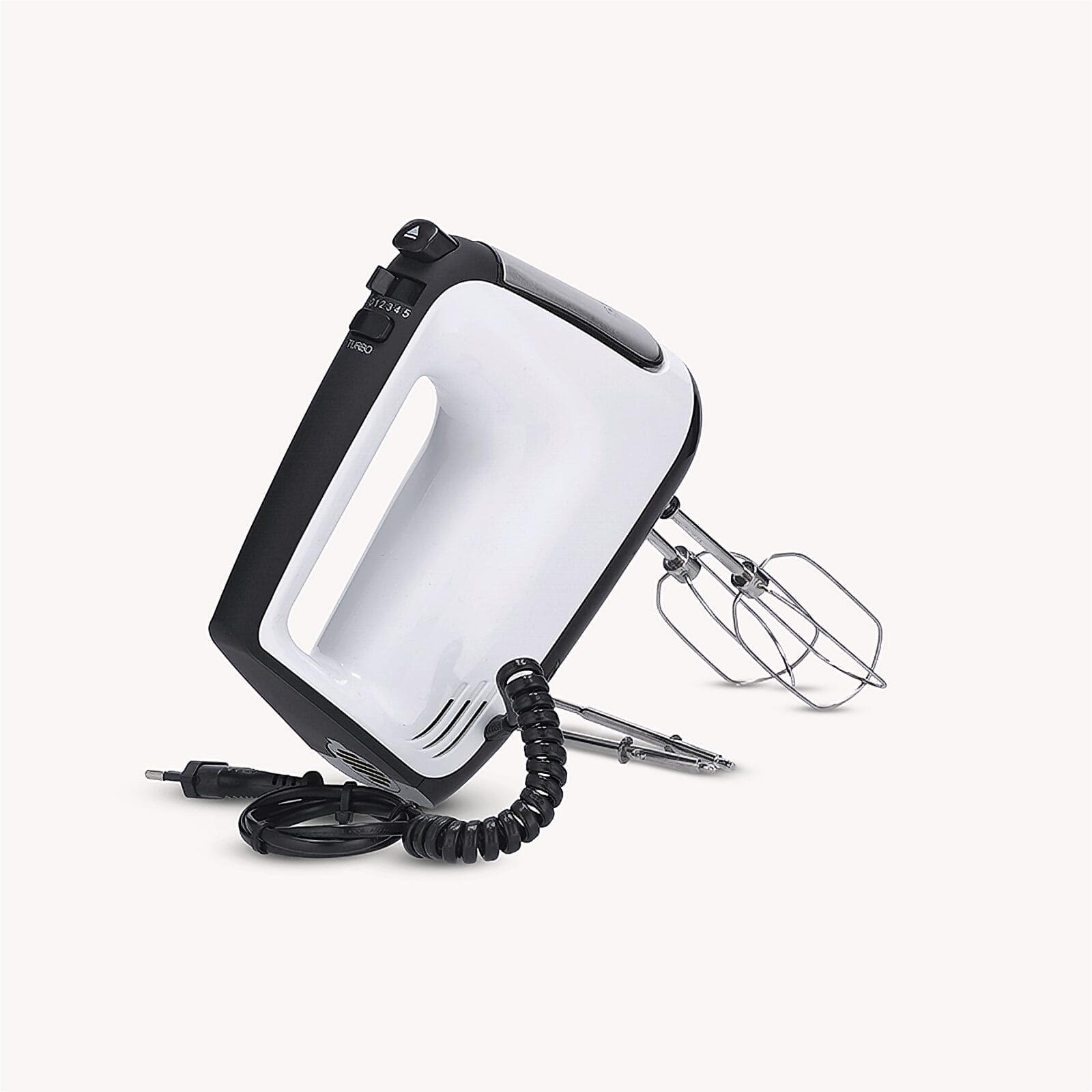 A white and black hand mixer with cord and beaters.